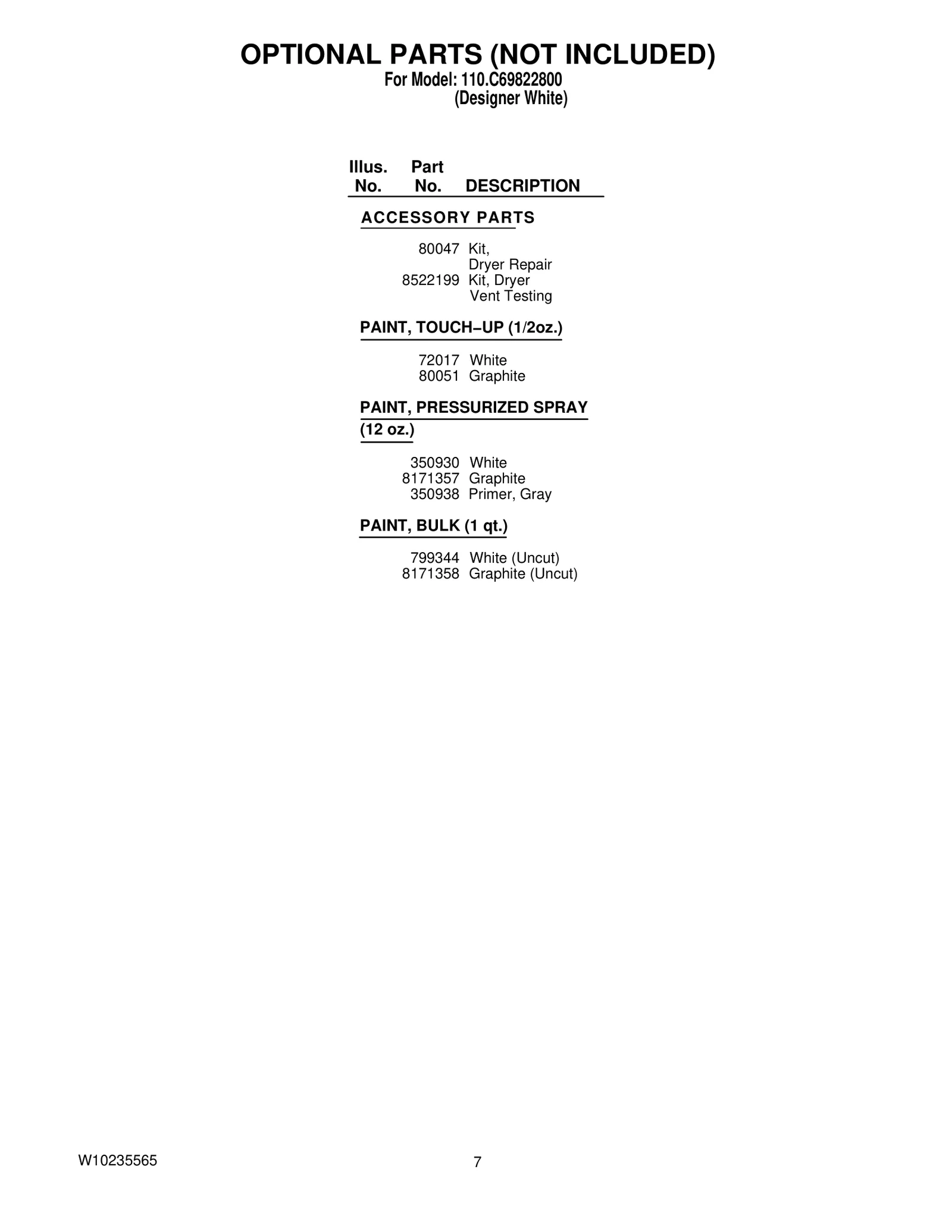 OPTIONAL PARTS (NOT INCLUDED)