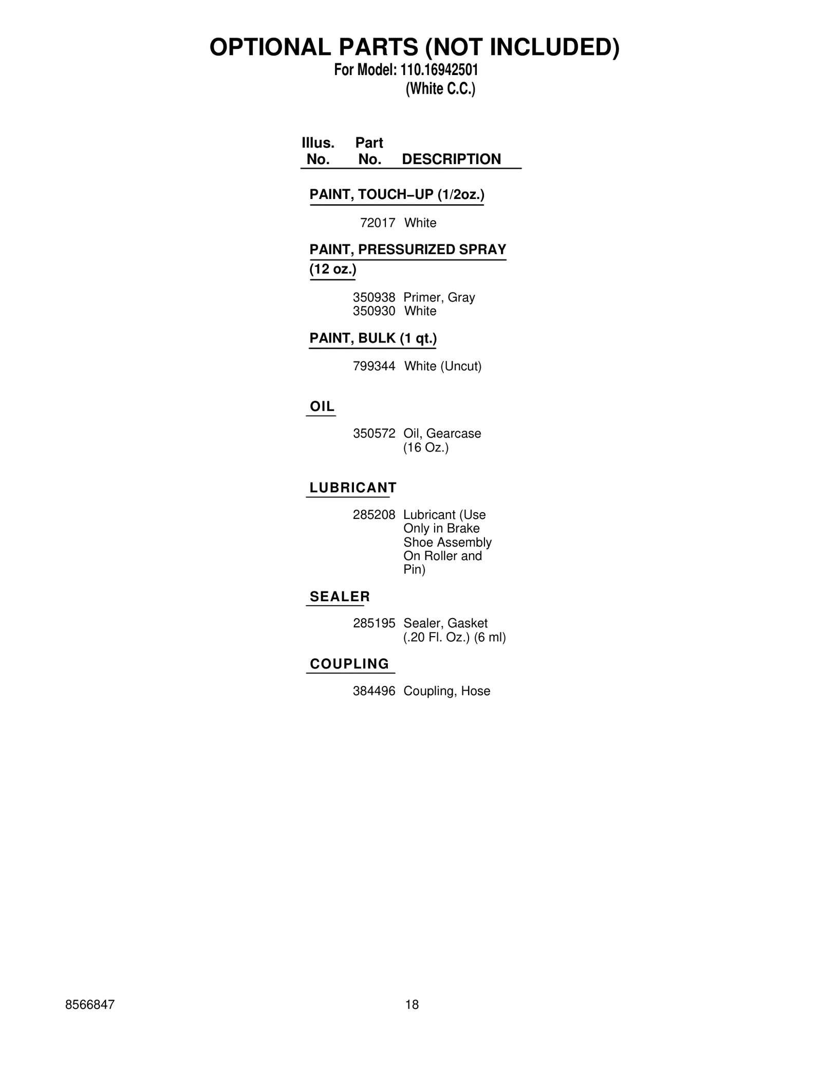 OPTIONAL PARTS (NOT INCLUDED)