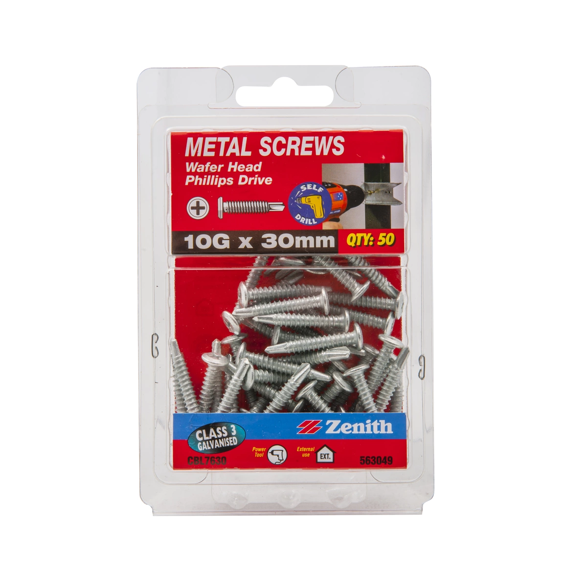 ZENITH® 10G x 30mm Class 3 Galvanised, Self Drilling, Phillips Drive, Wafer Head, Metal Screws – External Use – 50 Pack
