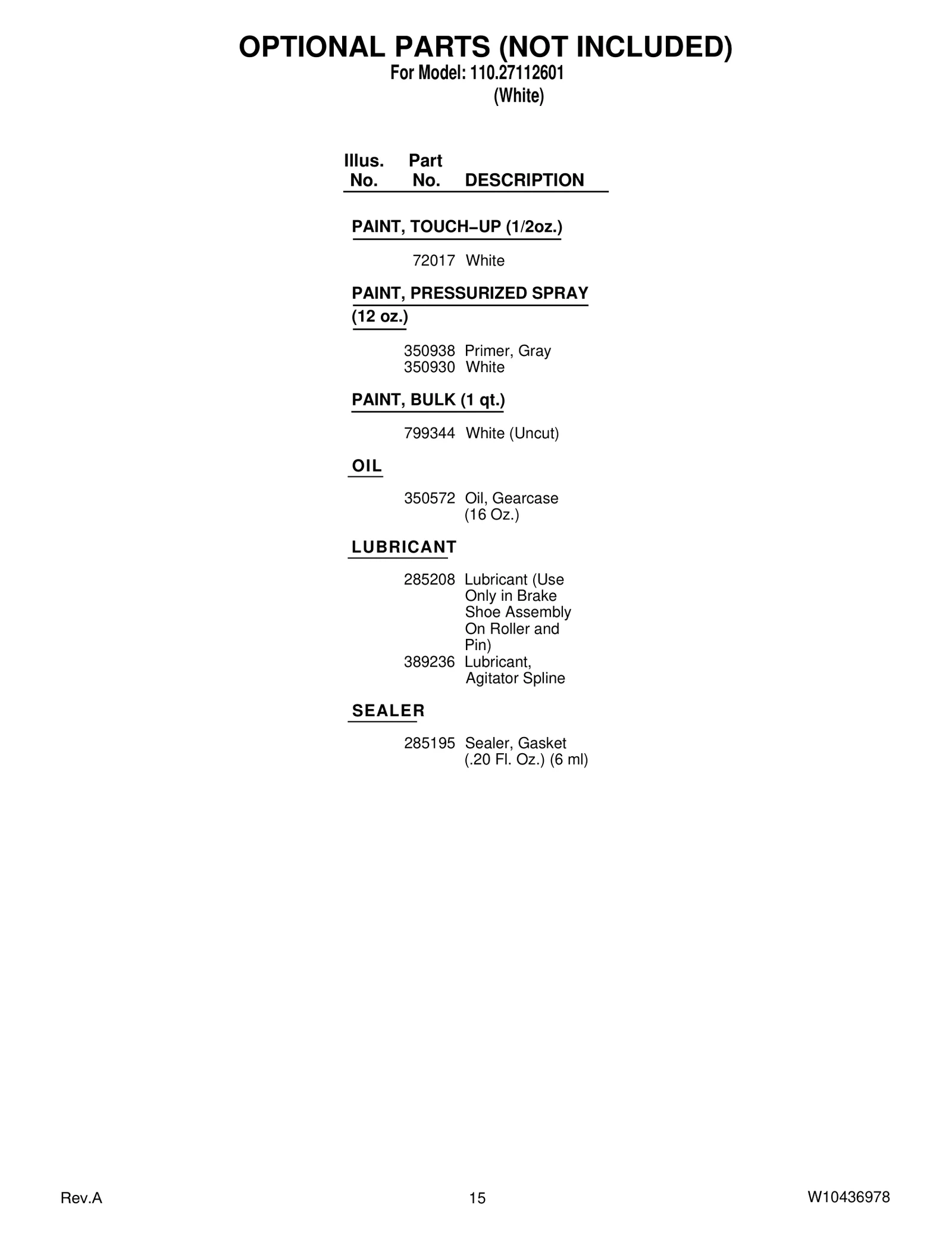 OPTIONAL PARTS (NOT INCLUDED)