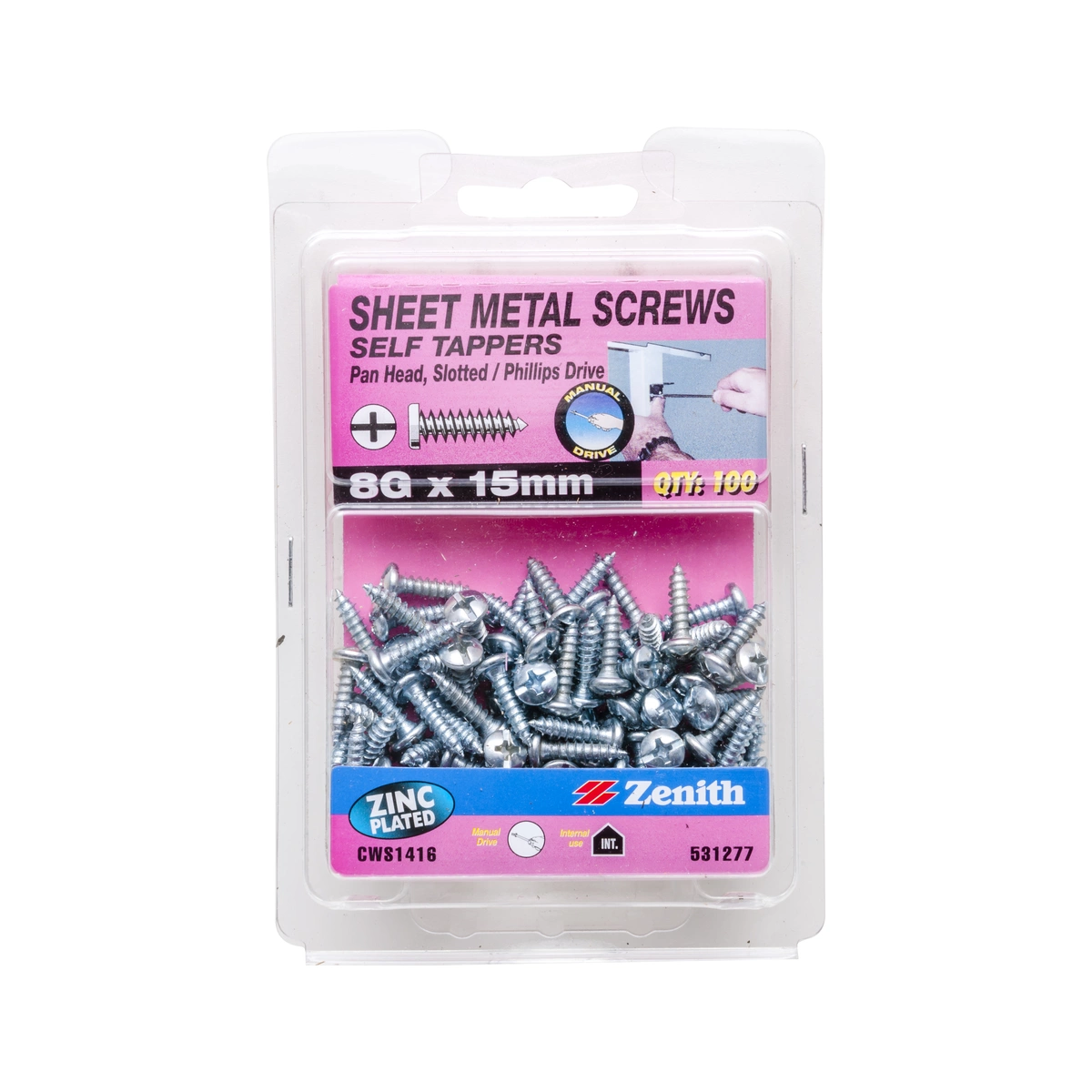 ZENITH® 8G x 15mm Zinc Plated, Self Tapping, Combination Drive, Sheet Metal Screws – Internal Use – 100 Pack