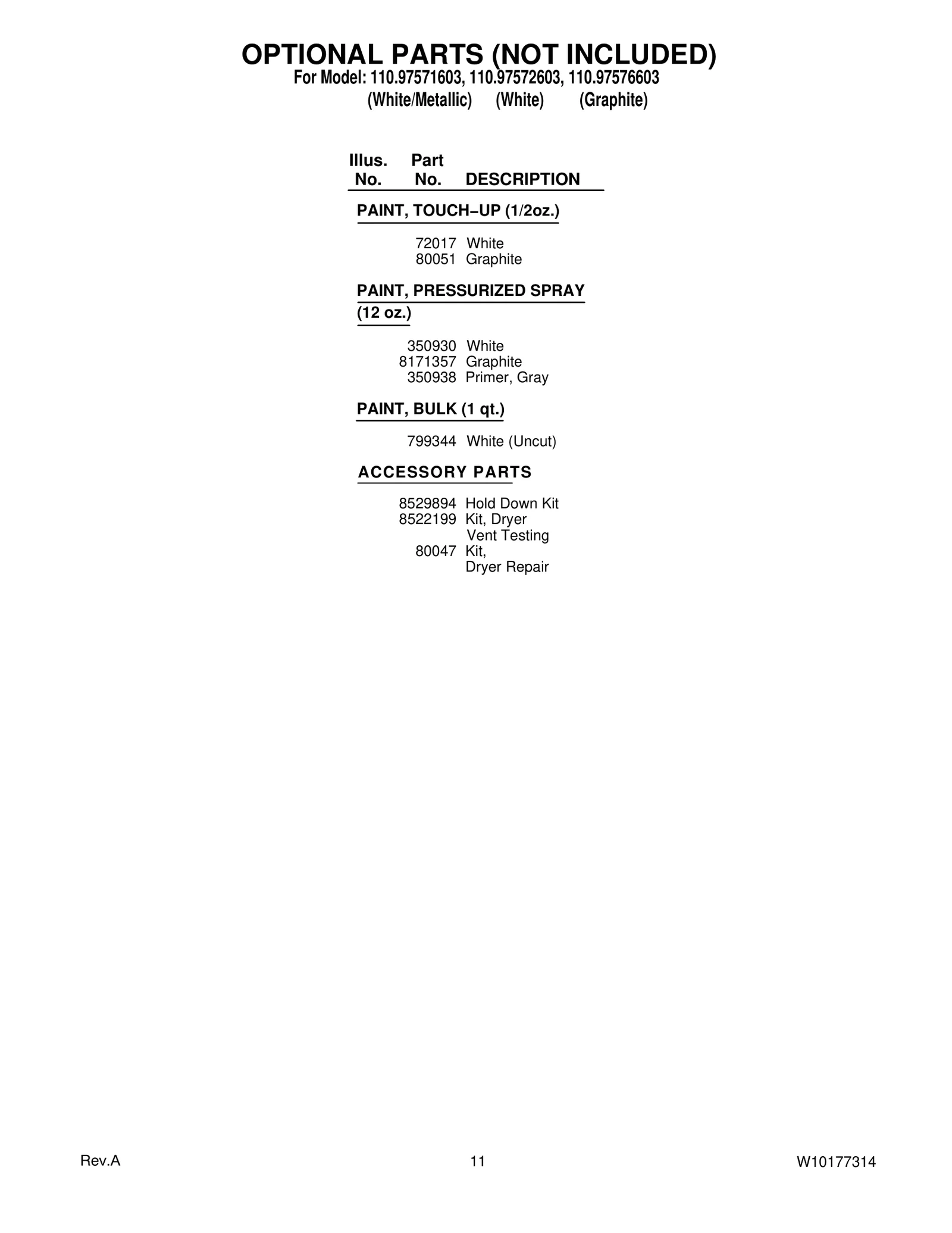 OPTIONAL PARTS (NOT INCLUDED)