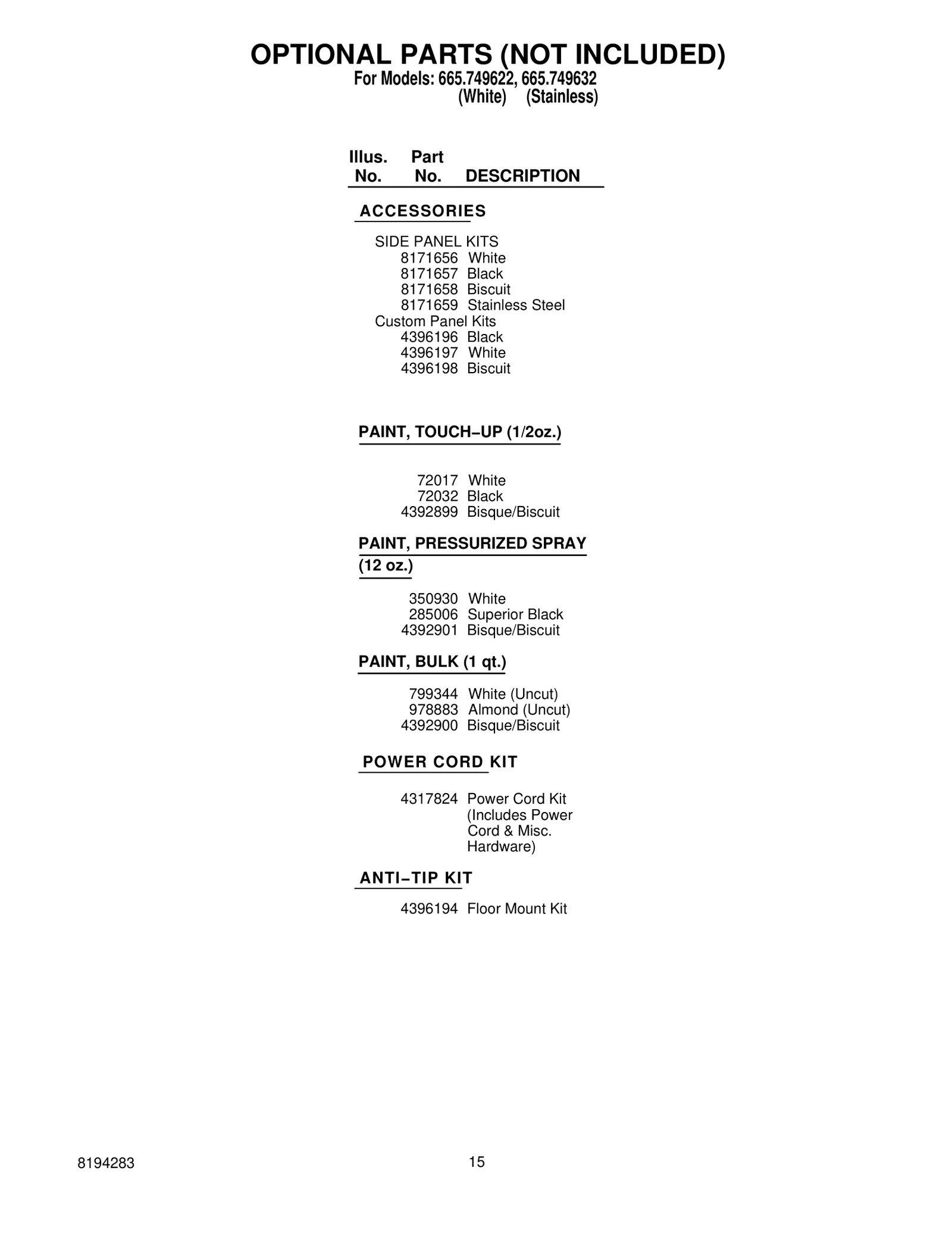 OPTIONAL PARTS (NOT INCLUDED)