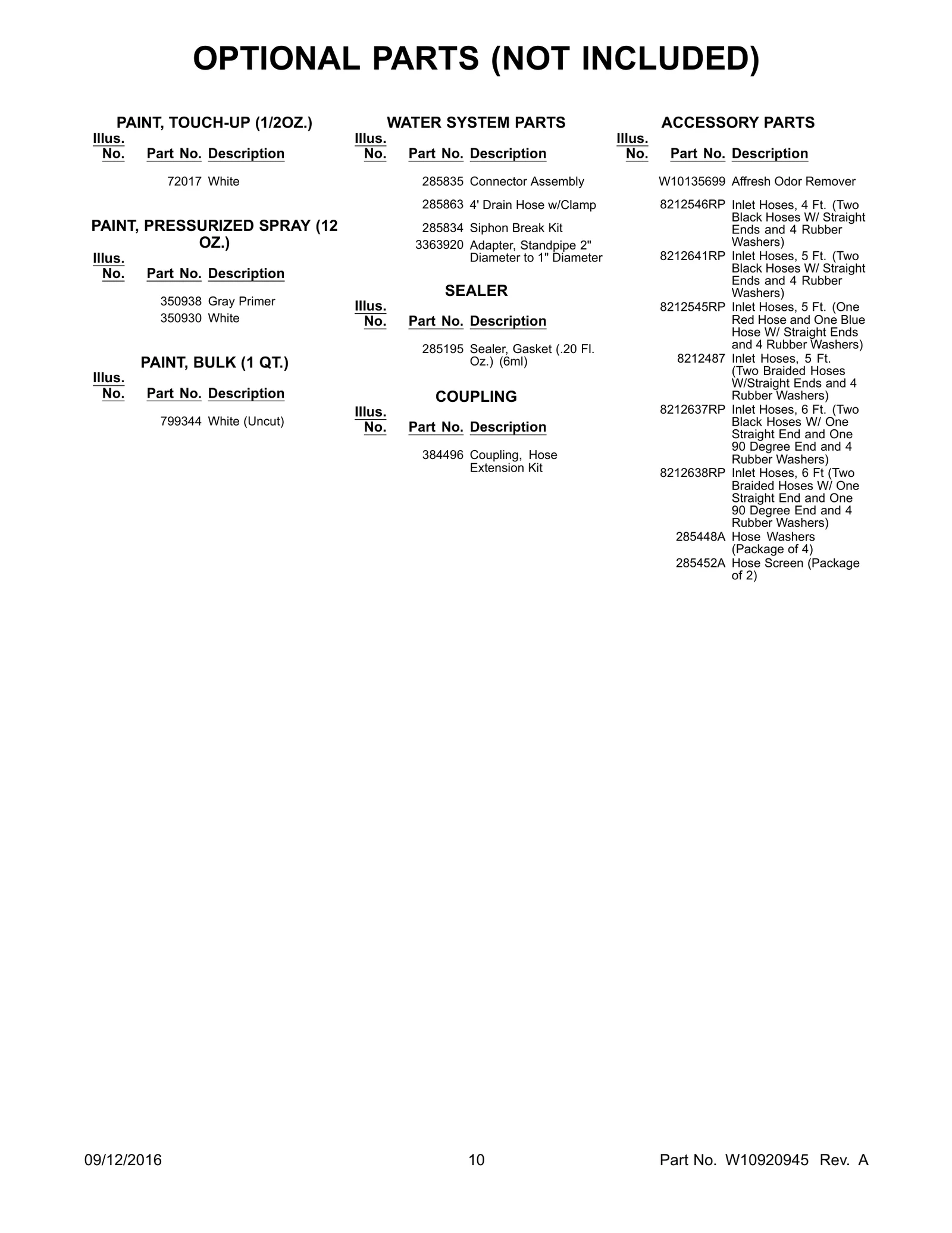 OPTIONAL PARTS (NOT INCLUDED)