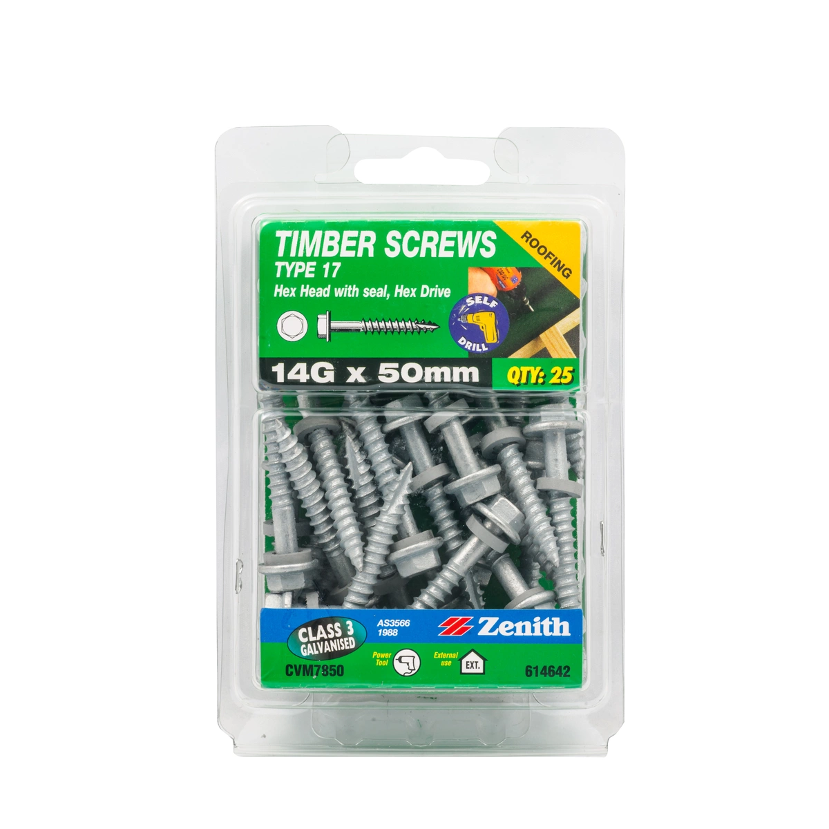 ZENITH® 14G x 50mm Class 3 Galvanised, External Hex Drive, Cladding & Roofing Screws with Seal – External Use – 25 Pack