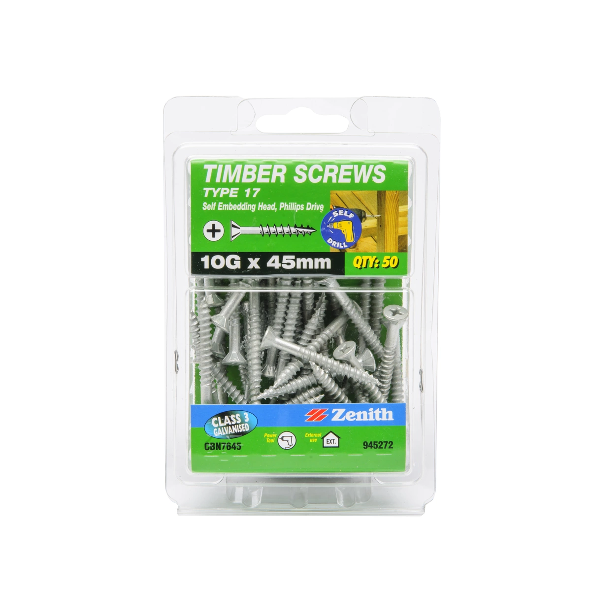 ZENITH® 10G x 45mm Class 3 Galvanised, Phillips Drive, Countersunk Ribbed Head, Timber Screws – External Use – 50 Pack