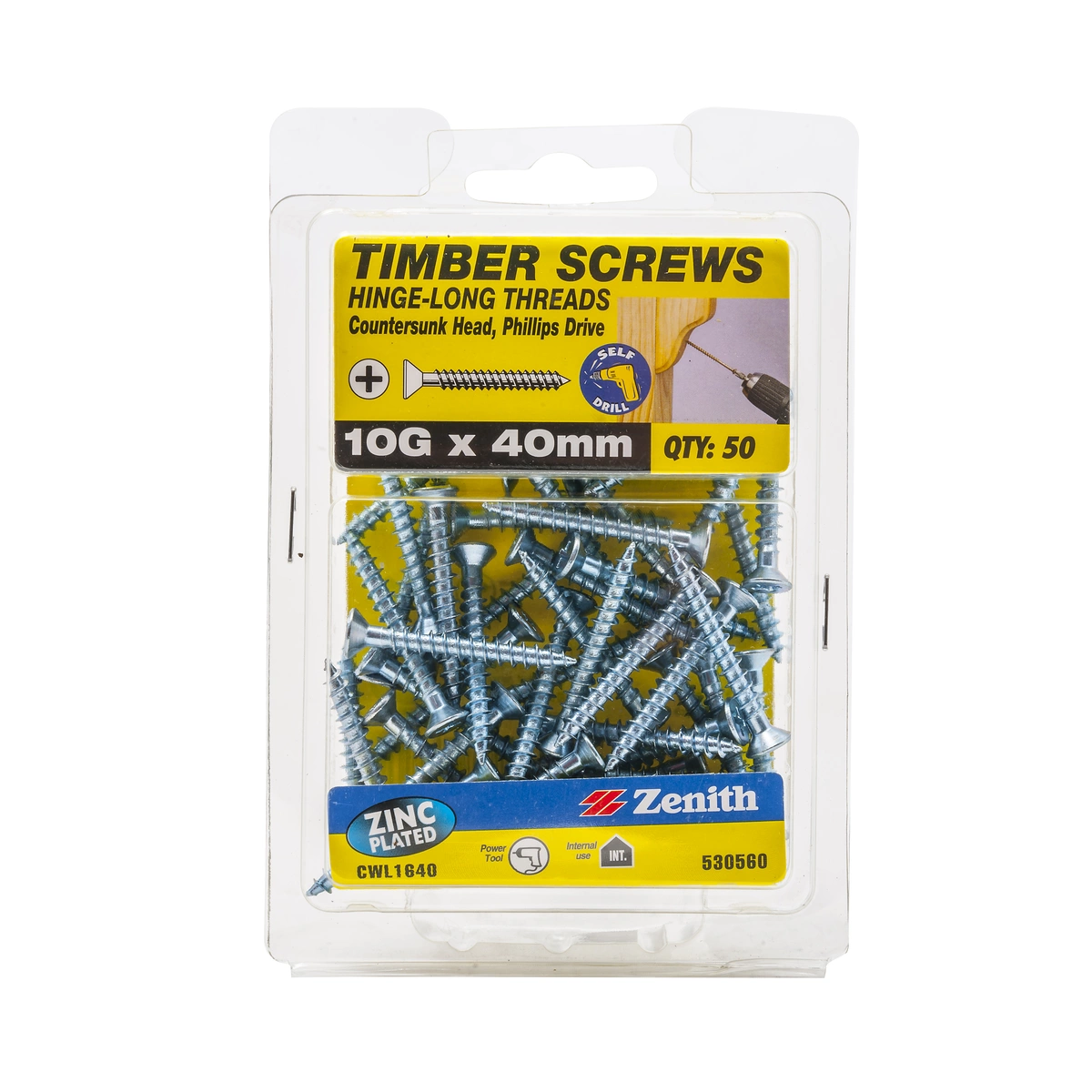 ZENITH® 10G x 40mm Zinc Plated, Phillips Drive, Timber Screws – Internal Use – 50 Pack