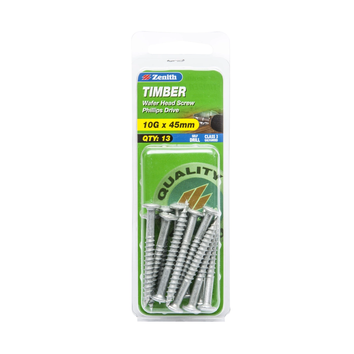 ZENITH® 10G x 45mm Class 3 Galvanised, Phillips Drive, Timber Screws – External Use – 13 Pack