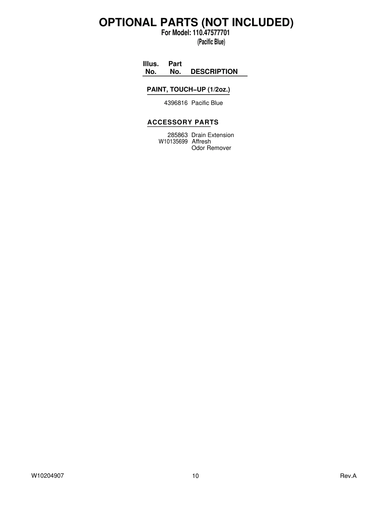 OPTIONAL PARTS (NOT INCLUDED)