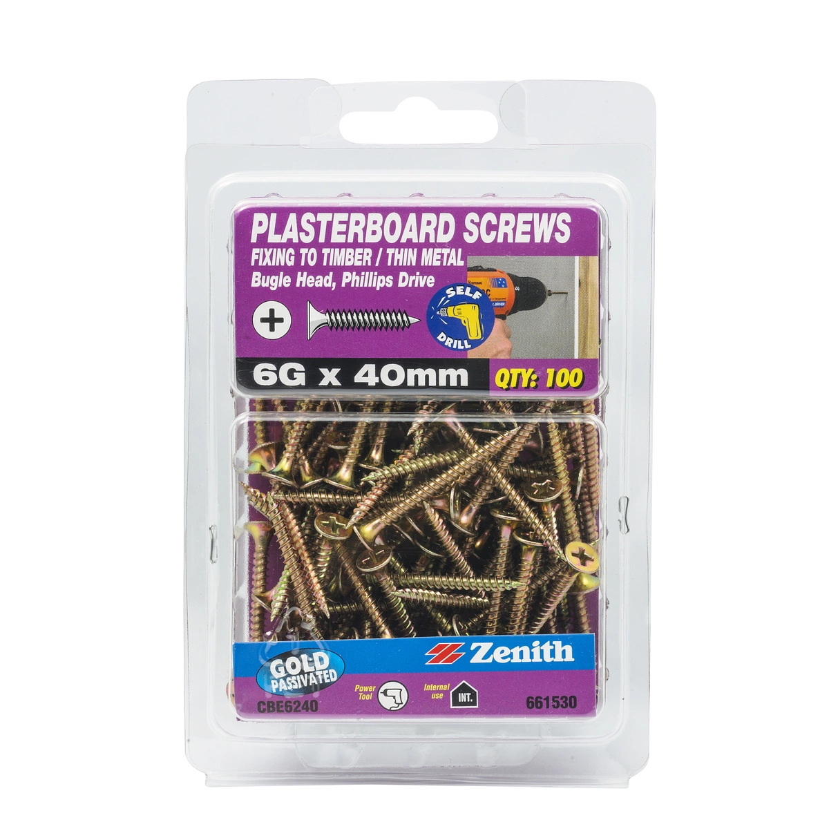 ZENITH® 6G x 40mm Gold Passivated, Phillips Drive, Plasterboard Screws – Internal Use – 100 Pack