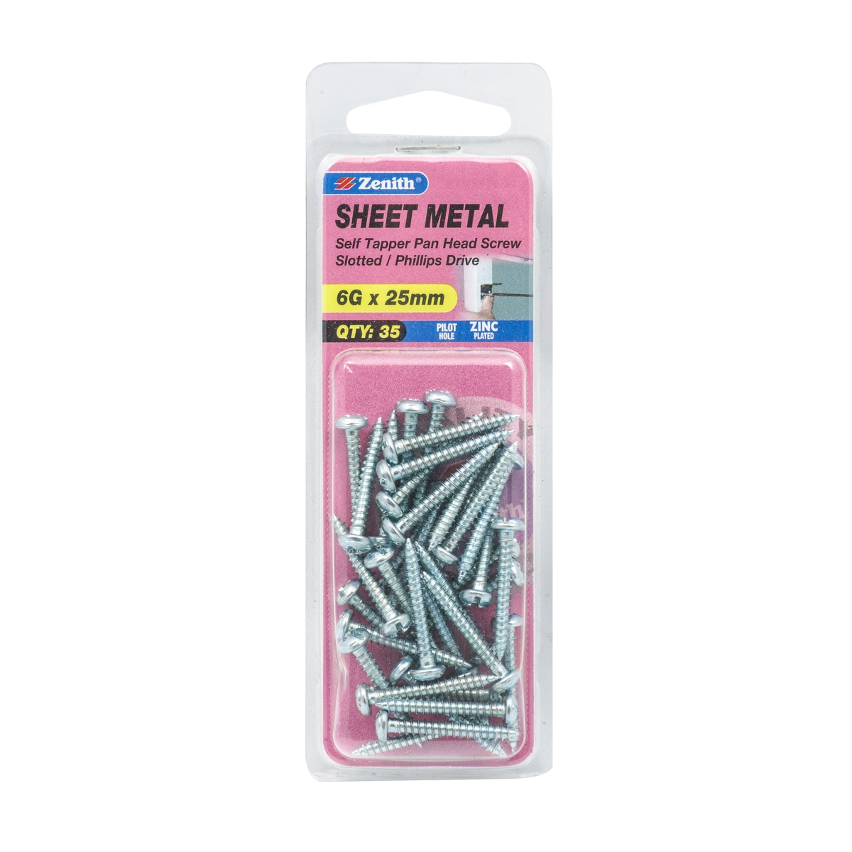 ZENITH® 6G x 25mm Zinc Plated, Self Tapping, Combination Drive, Sheet Metal Screws – Internal Use – 35 Pack