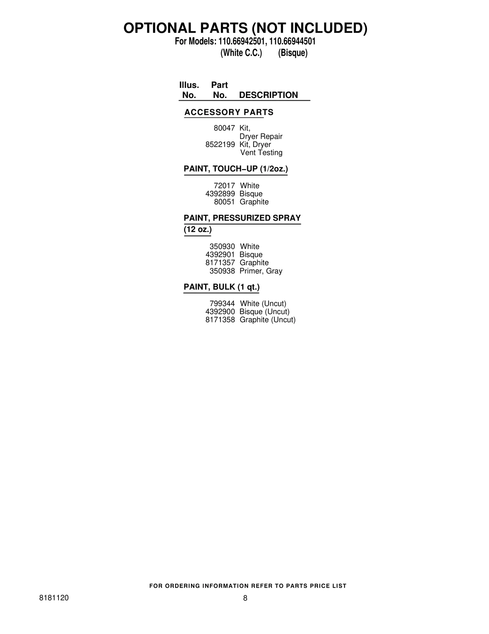 OPTIONAL PARTS (NOT INCLUDED)