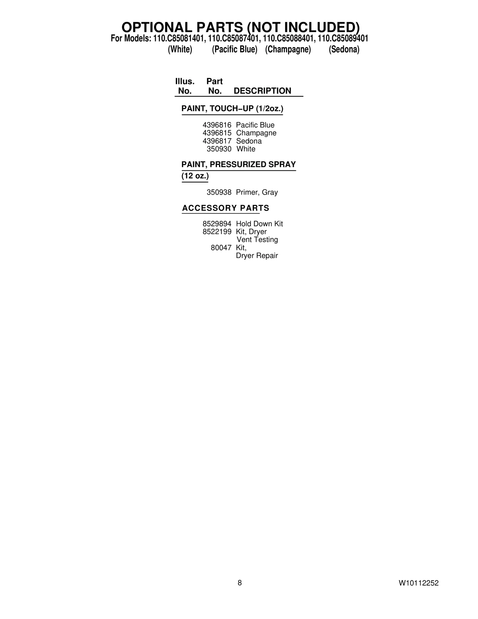 OPTIONAL PARTS (NOT INCLUDED)