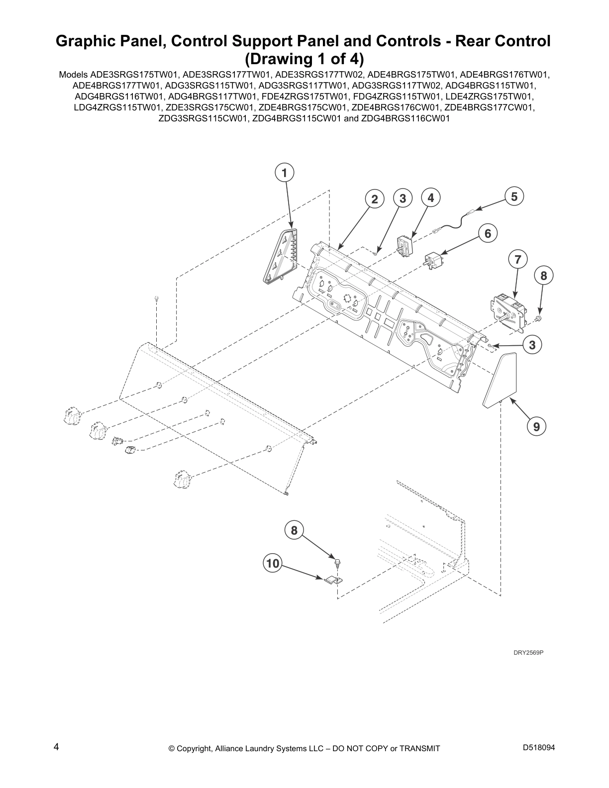 Graphic Panel, Control Support Panel and Controls - Rear Control 
(Drawing 1 of 4)