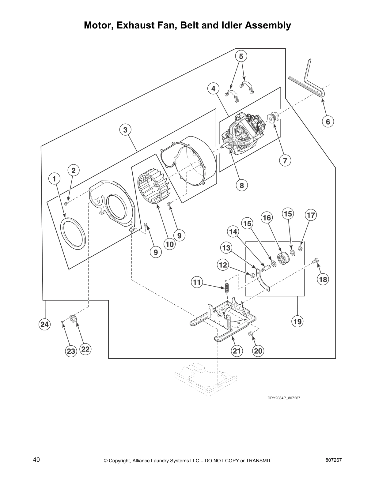 Motor, Exhaust Fan, Belt and Idler Assembly