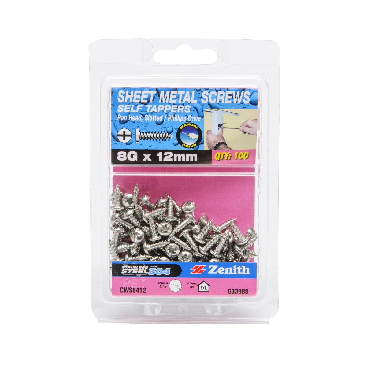 ZENITH® 8G x 12mm 304 Stainless Steel, Self Tapping, Combination Drive, Sheet Metal Screws – External Use – 100 Pack