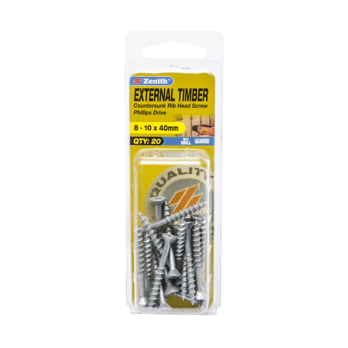 ZENITH® 8G x 40mm Galvanised, Phillips Drive, Timber Screws – External Use – 20 Pack