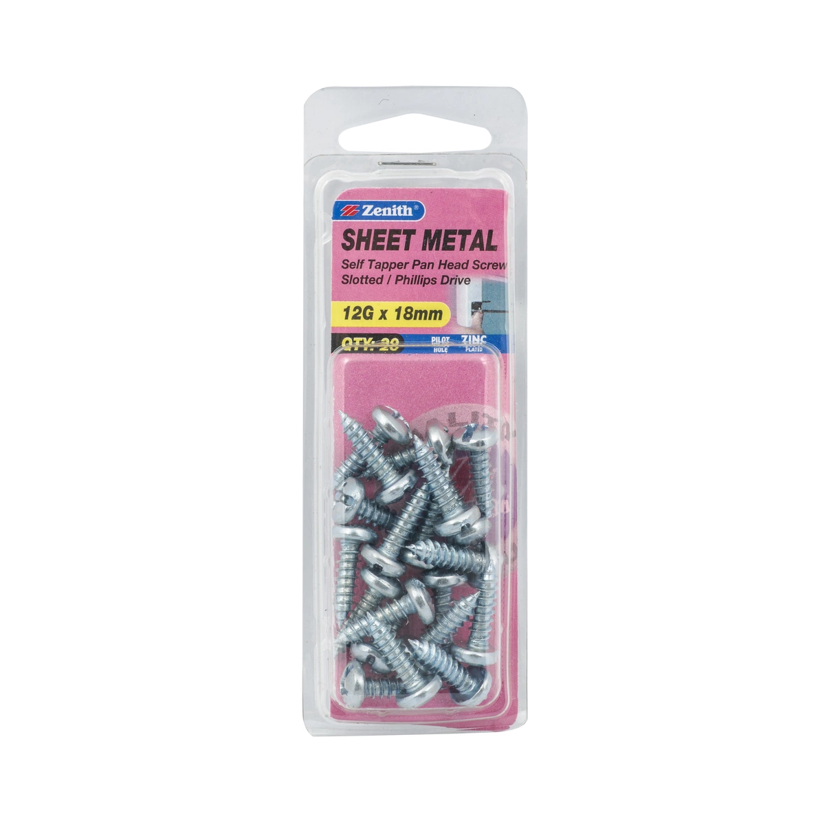ZENITH® 12G x 18mm Zinc Plated, Self Tapping, Combination Drive, Sheet Metal Screws – Internal Use – 20 Pack