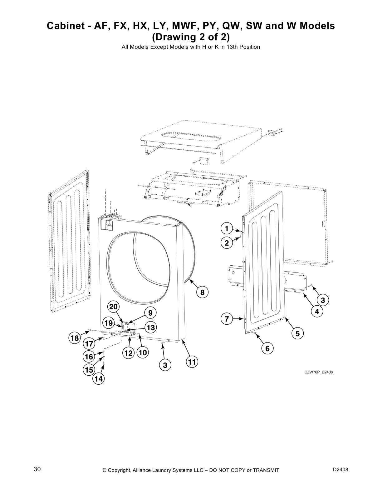 Cabinet - AF, FX, HX, LY, MWF, PY, QW, SW and W Models 
(Drawing 2 of 2)