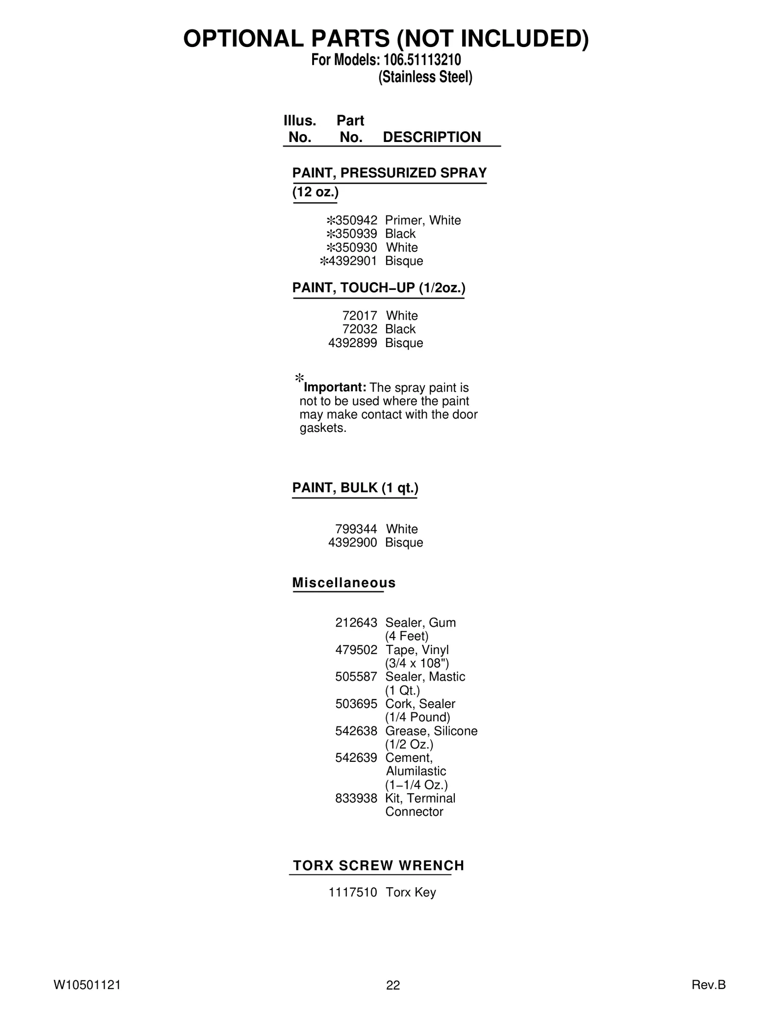 OPTIONAL PARTS (NOT INCLUDED)