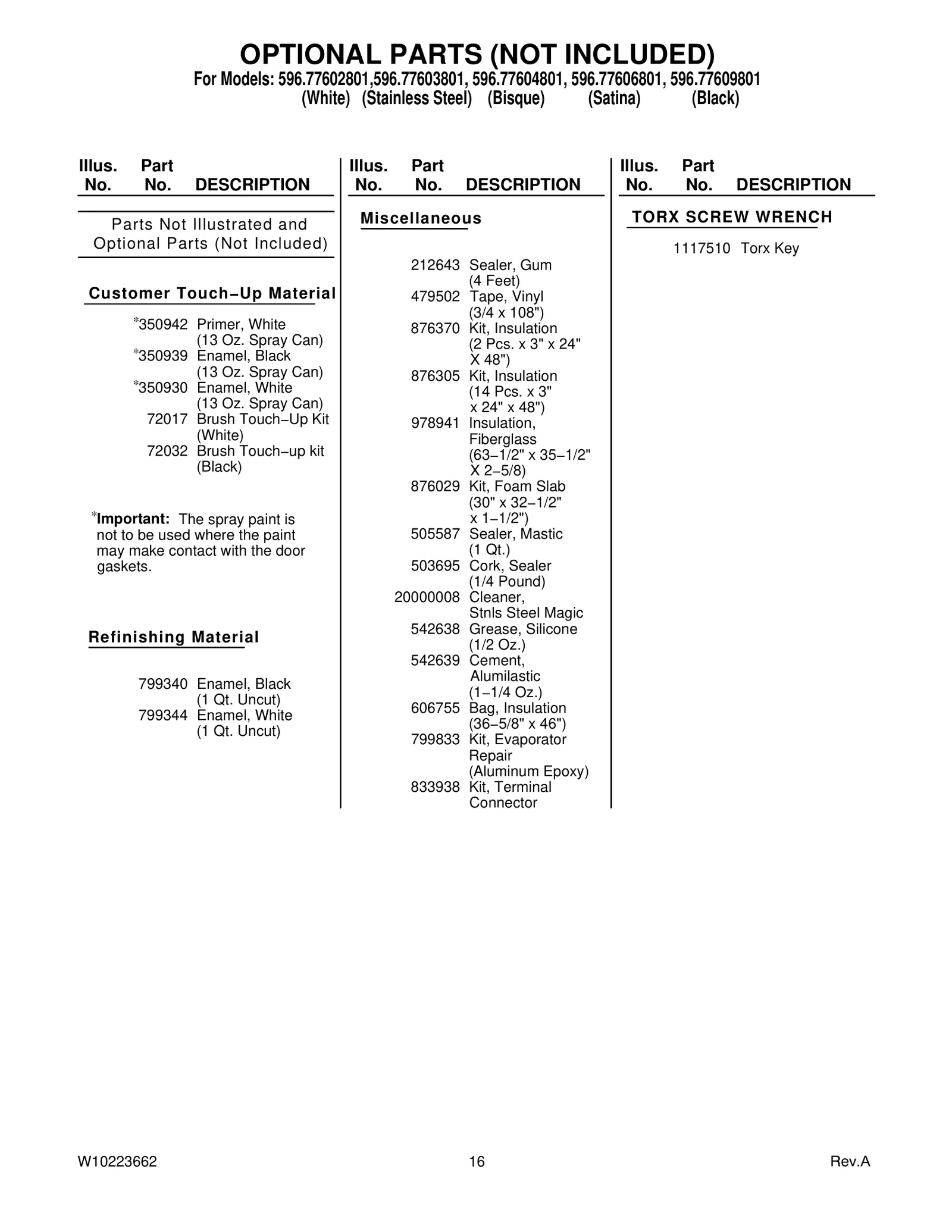 OPTIONAL PARTS (NOT INCLUDED)