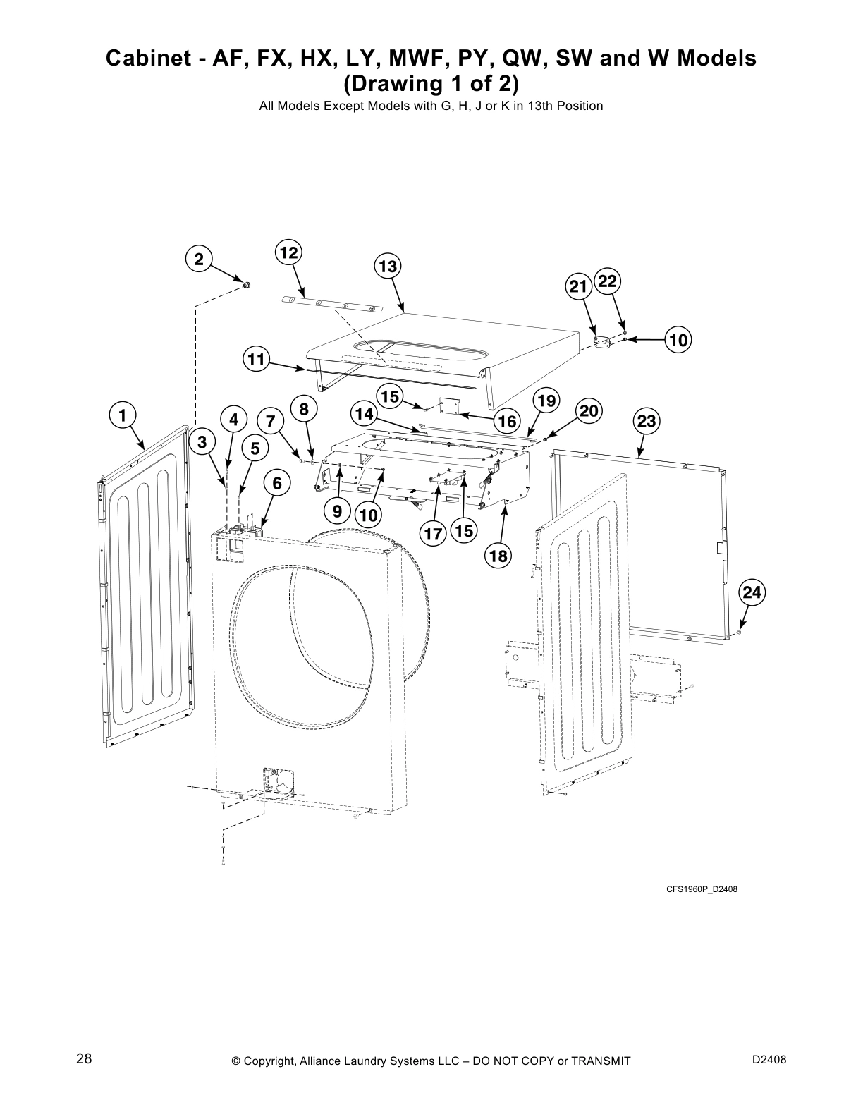 Cabinet - AF, FX, HX, LY, MWF, PY, QW, SW and W Models 
(Drawing 1 of 2)