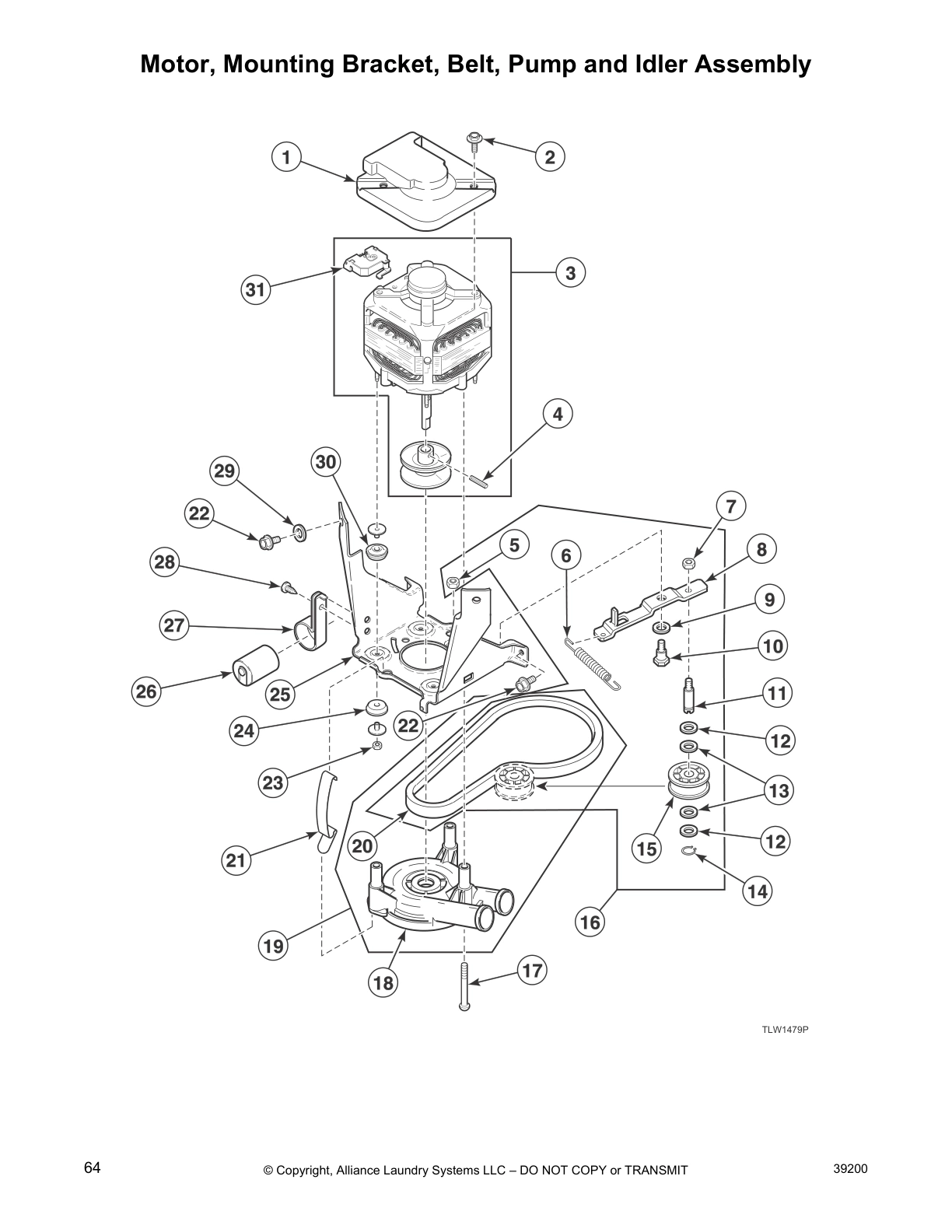 Motor, Mounting Bracket, Belt, Pump and Idler Assembly