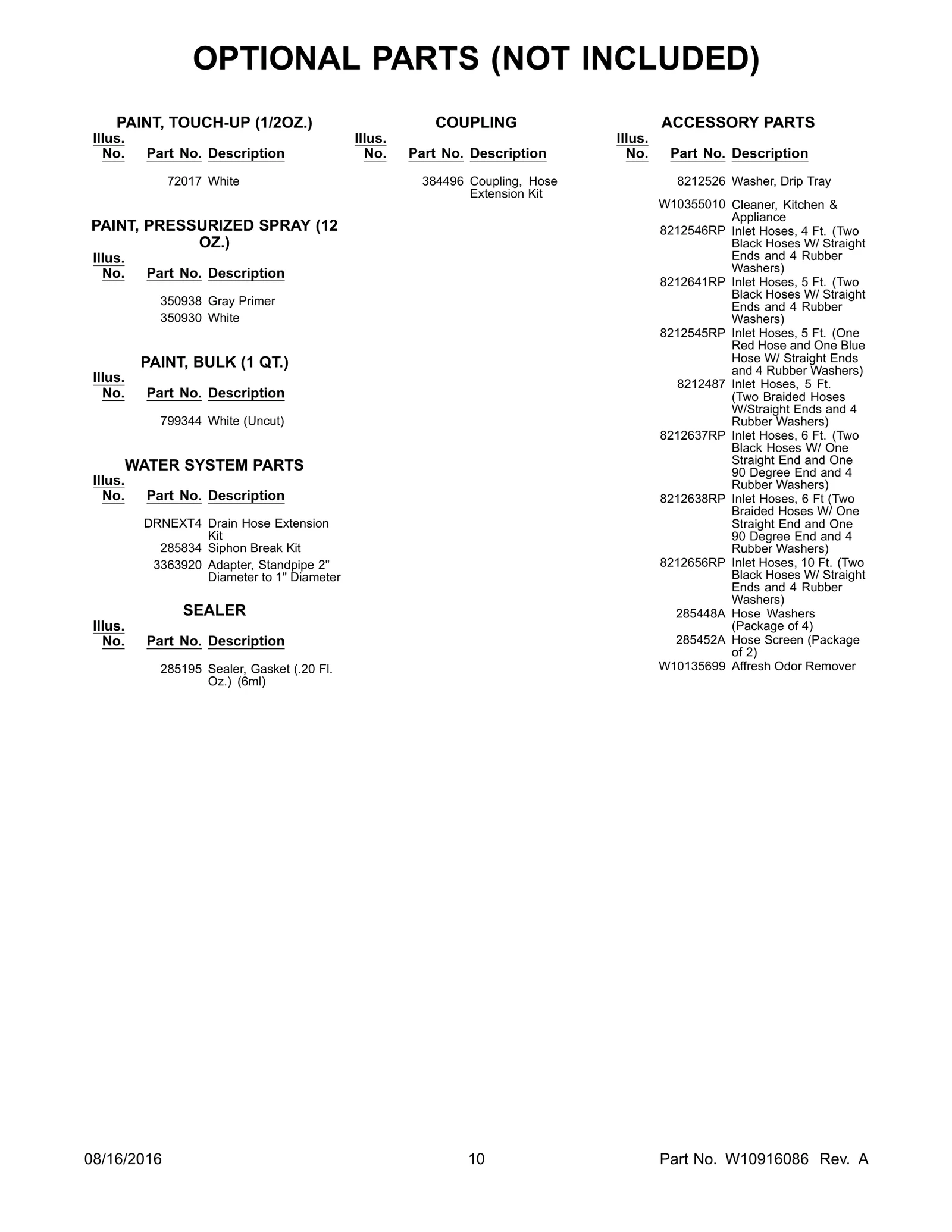 OPTIONAL PARTS (NOT INCLUDED)