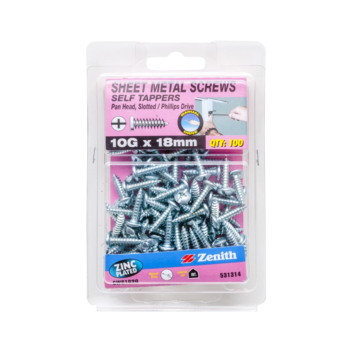 ZENITH® 10G x 18mm Zinc Plated, Self Tapping, Combination Drive, Sheet Metal Screws – Internal Use – 100 Pack
