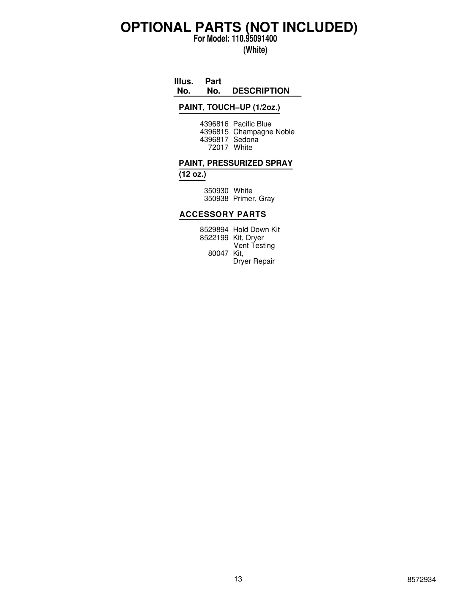 OPTIONAL PARTS (NOT INCLUDED)