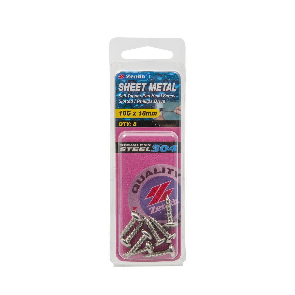 ZENITH® 10G x 18mm 304 Stainless Steel, Self Tapping, Combination Drive, Sheet Metal Screws – External Use – 8 Pack