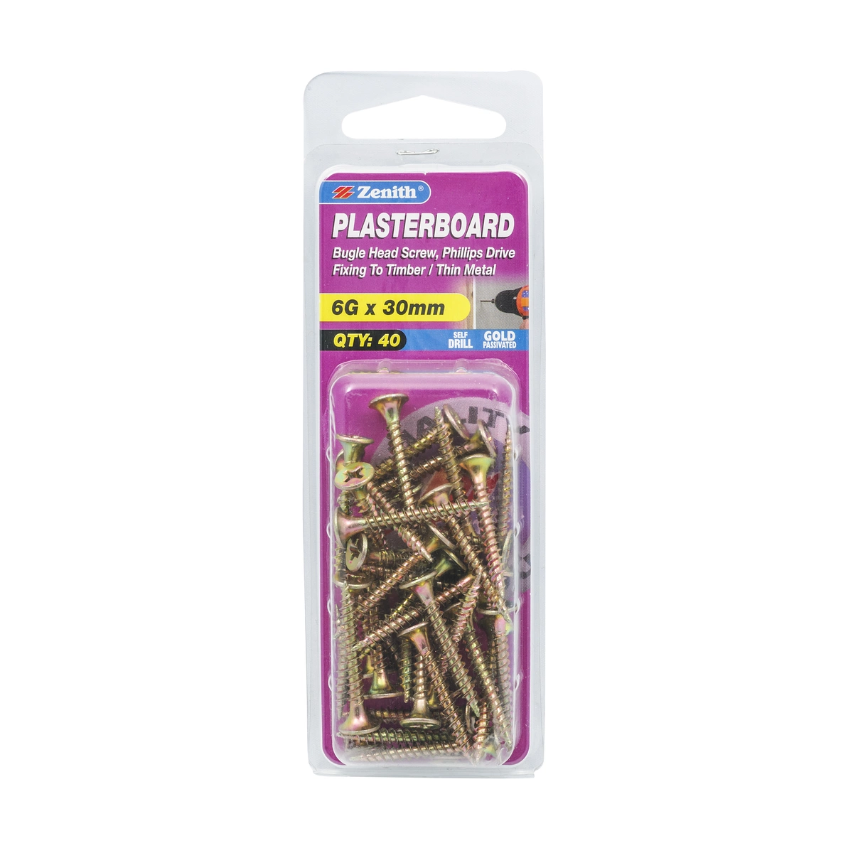 ZENITH® 6G x 30mm Gold Passivated, Phillips Drive, Plasterboard Screws – Internal Use – 40 Pack