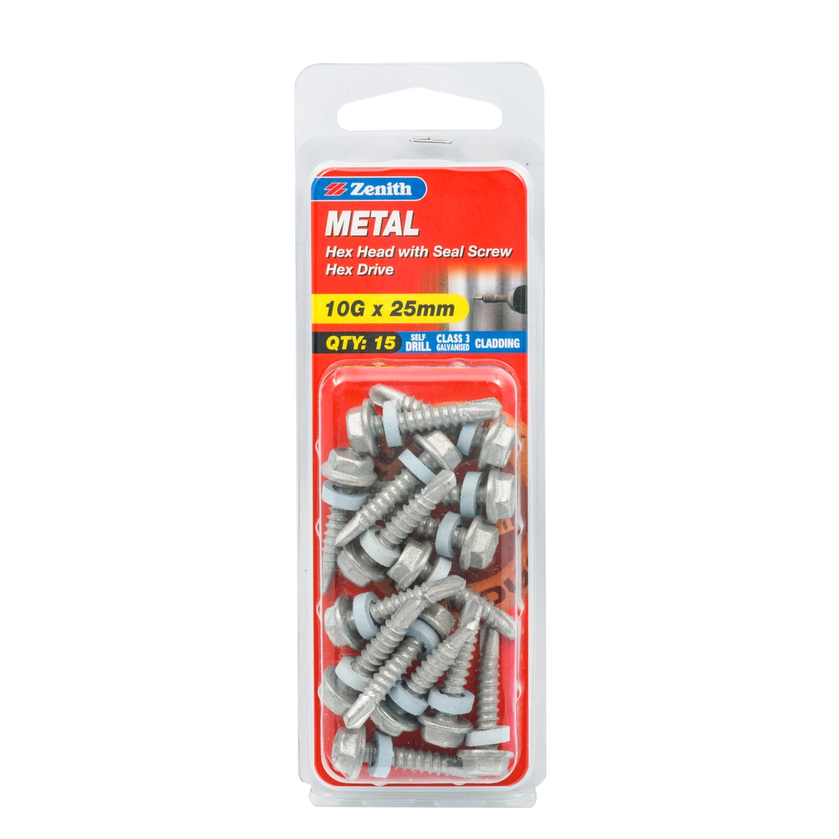 ZENITH® 10G x 25mm Class 3 Galvanised, Self Drilling, External Hex Drive, Drill Point, Cladding & Roofing Screws with Seal – External Use – 15 Pack