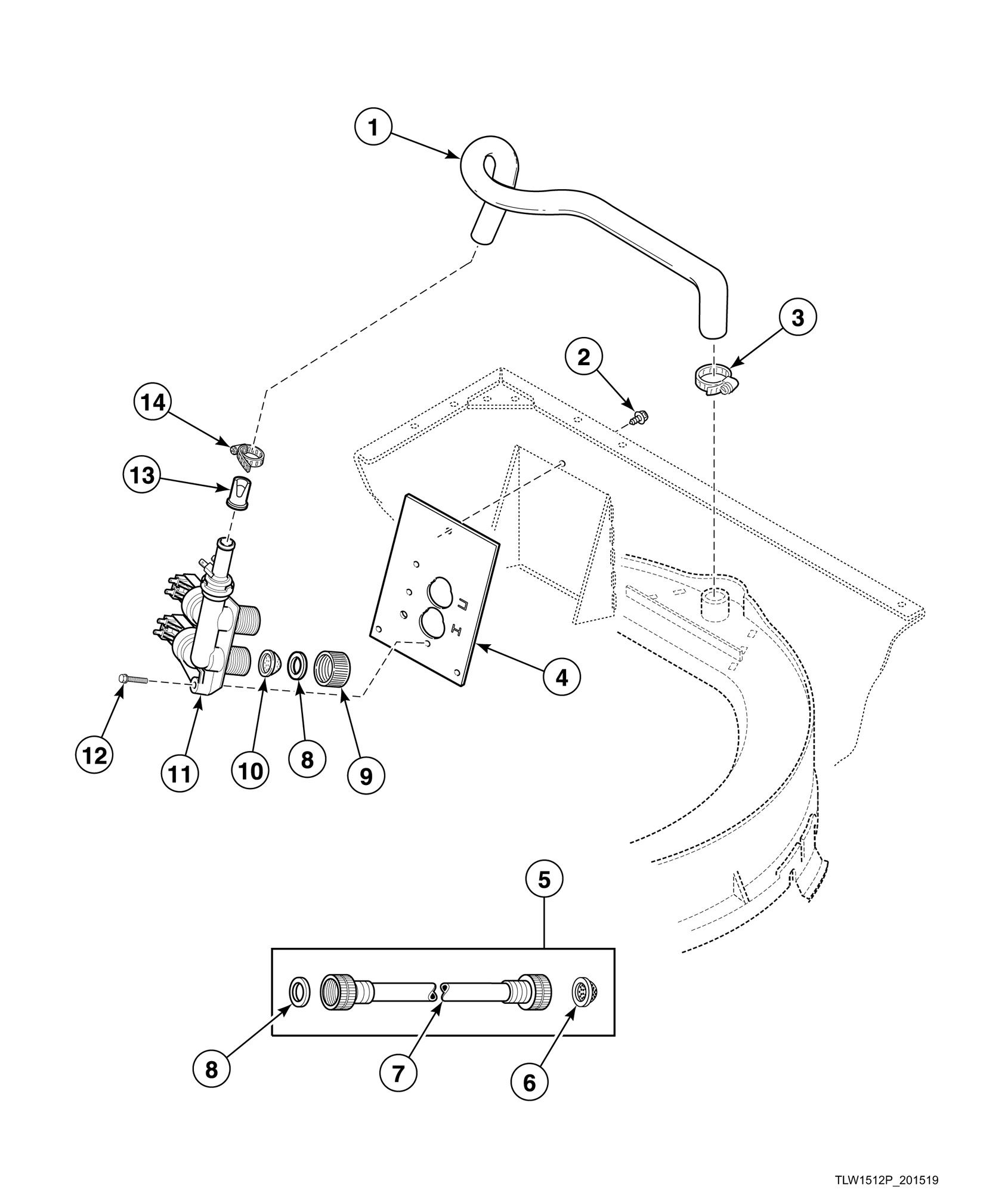 Fill Hose, Mixing Valve-to-Tub Cover Hose, Mixing Valve and Bracket - Models AWS48NW and AWS53NW
