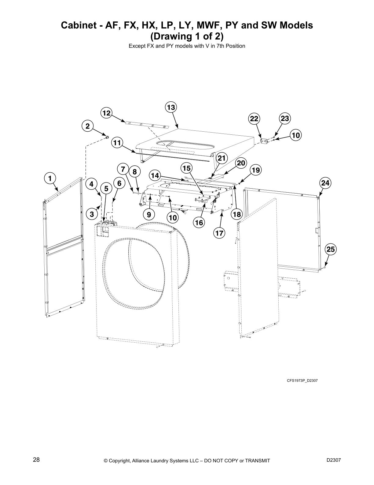 Cabinet - AF, FX, HX, LP, LY, MWF, PY and SW Models
(Drawing 1 of 2)