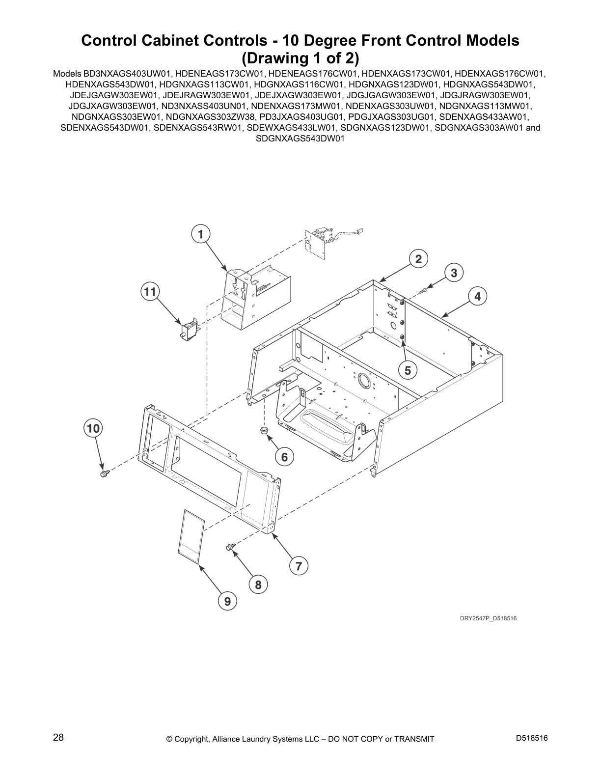 Control Cabinet Controls - 10 Degree Front Control Models
(Drawing 1 of 2)
