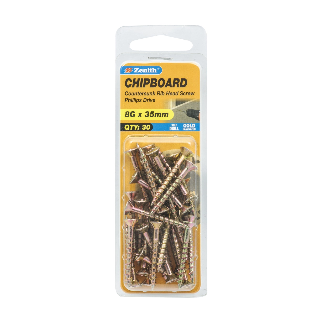 ZENITH® 8G x 35mm Gold Passivated, Phillips Drive, Chipboard Screws – Internal Use – 30 Pack
