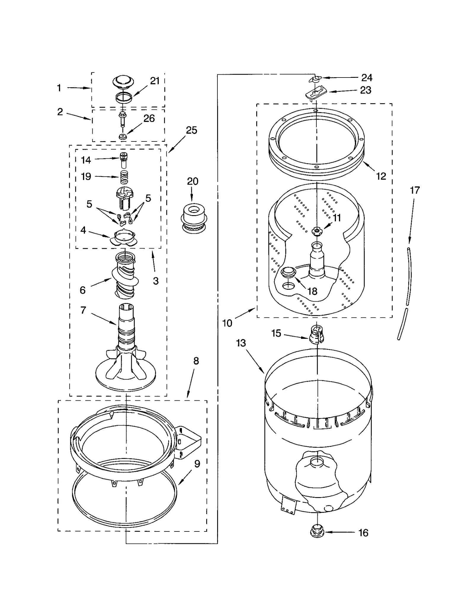 AGITATOR, BASKET AND TUB