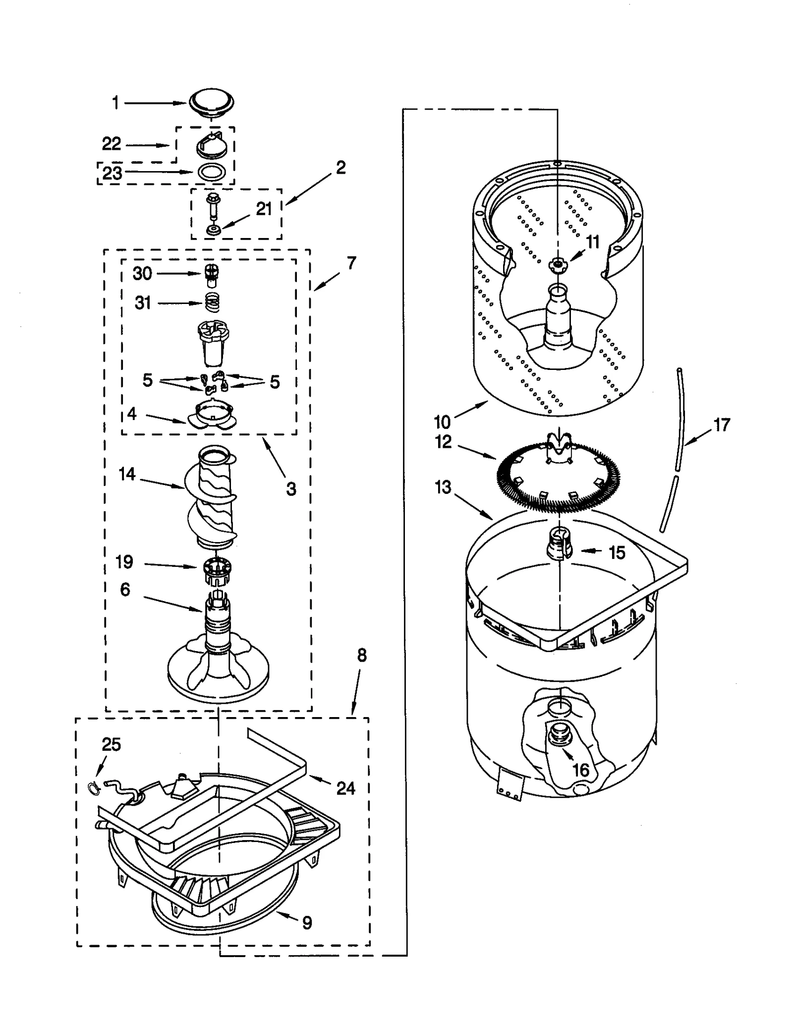 AGITATOR, BASKET AND TUB