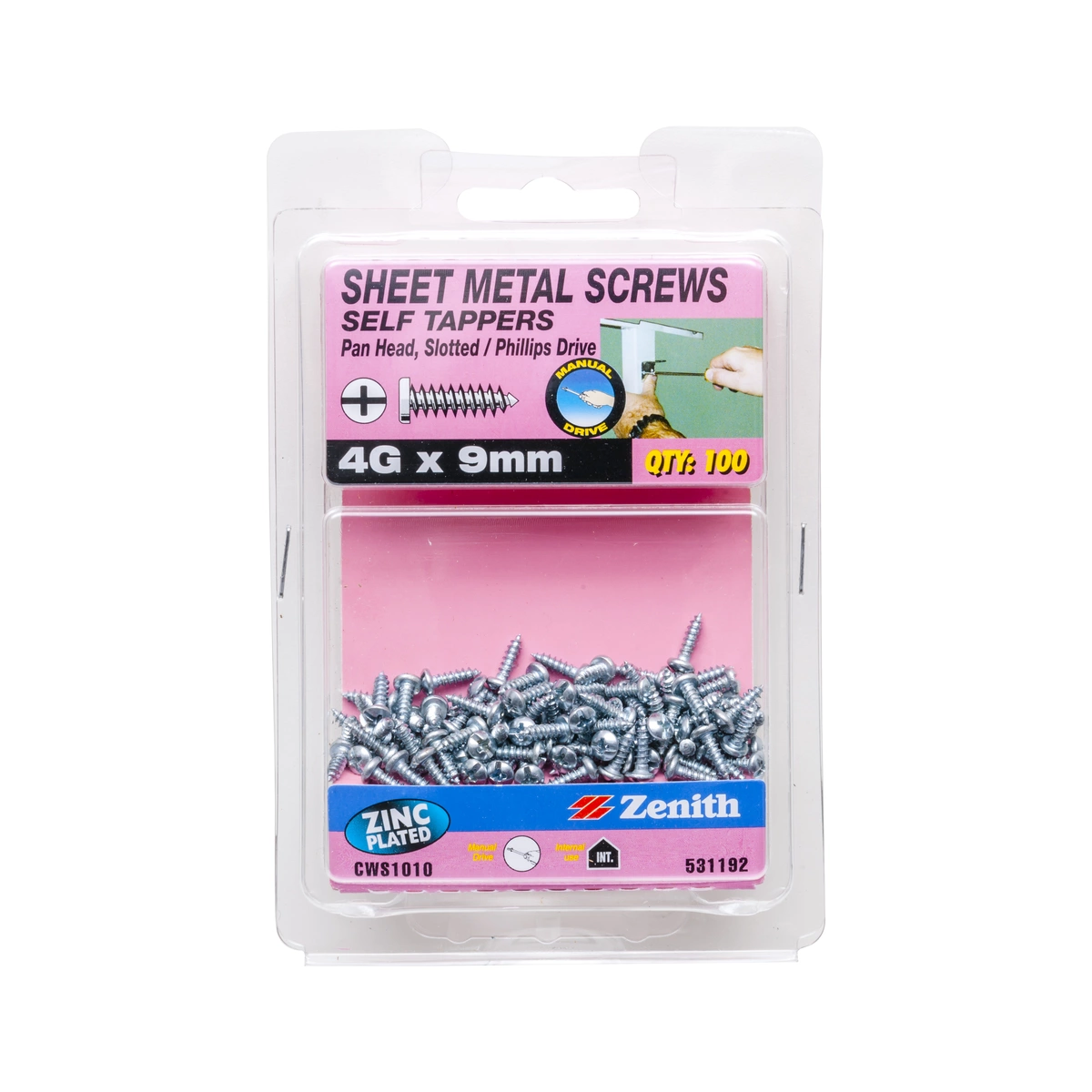 ZENITH® 4G x 9mm Zinc Plated, Self Tapping, Combination Drive, Sheet Metal Screws – Internal Use – 100 Pack