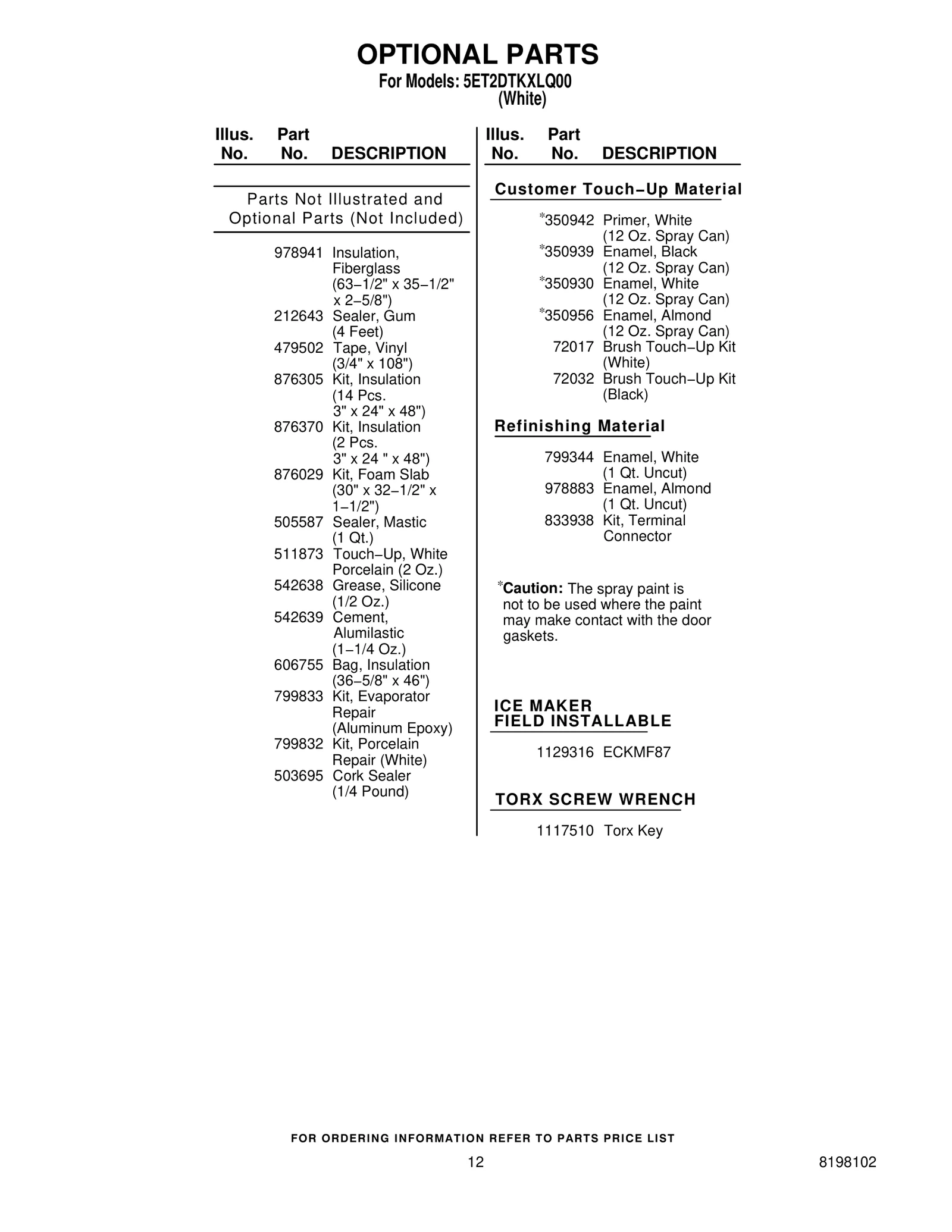 Optional Parts (Not Included)