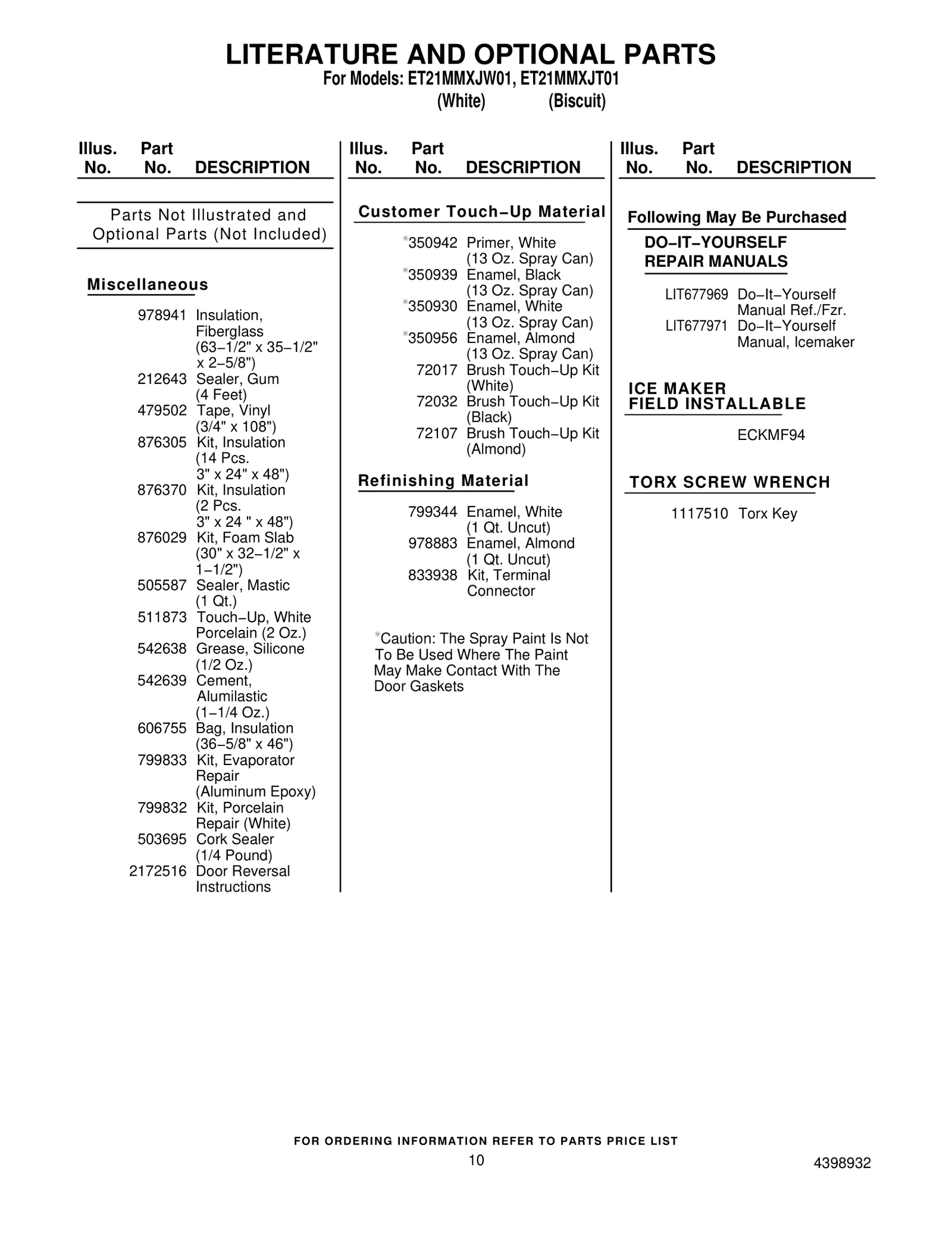 LITERATURE AND OPTIONAL PARTS