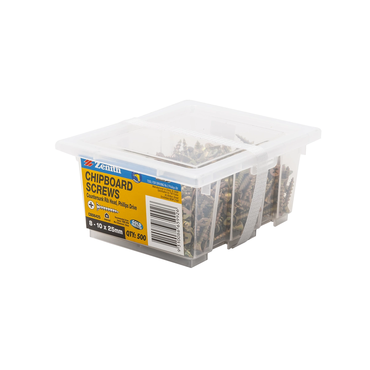 ZENITH® 8G x 25mm Gold Passivated, Phillips Drive, Chipboard Screws – Internal Use – 500 Pack