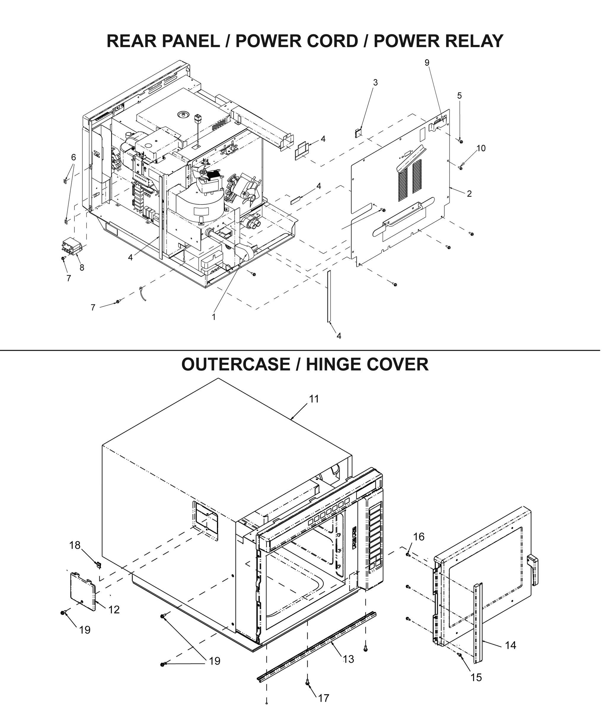 REAR PANEL / POWER CORD / POWER RELAY / OUTERCASE / HINGE COVER