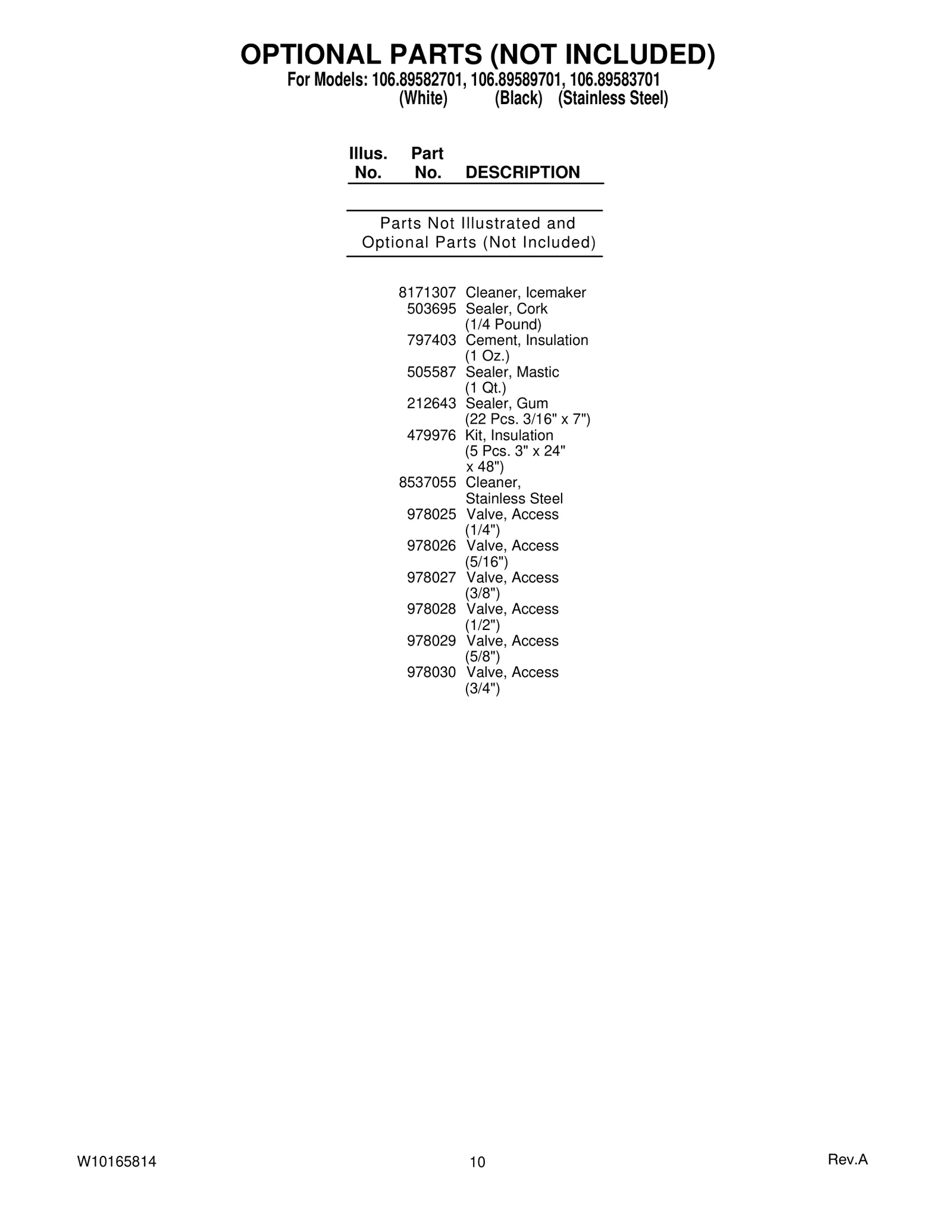 OPTIONAL PARTS (NOT INCLUDED)