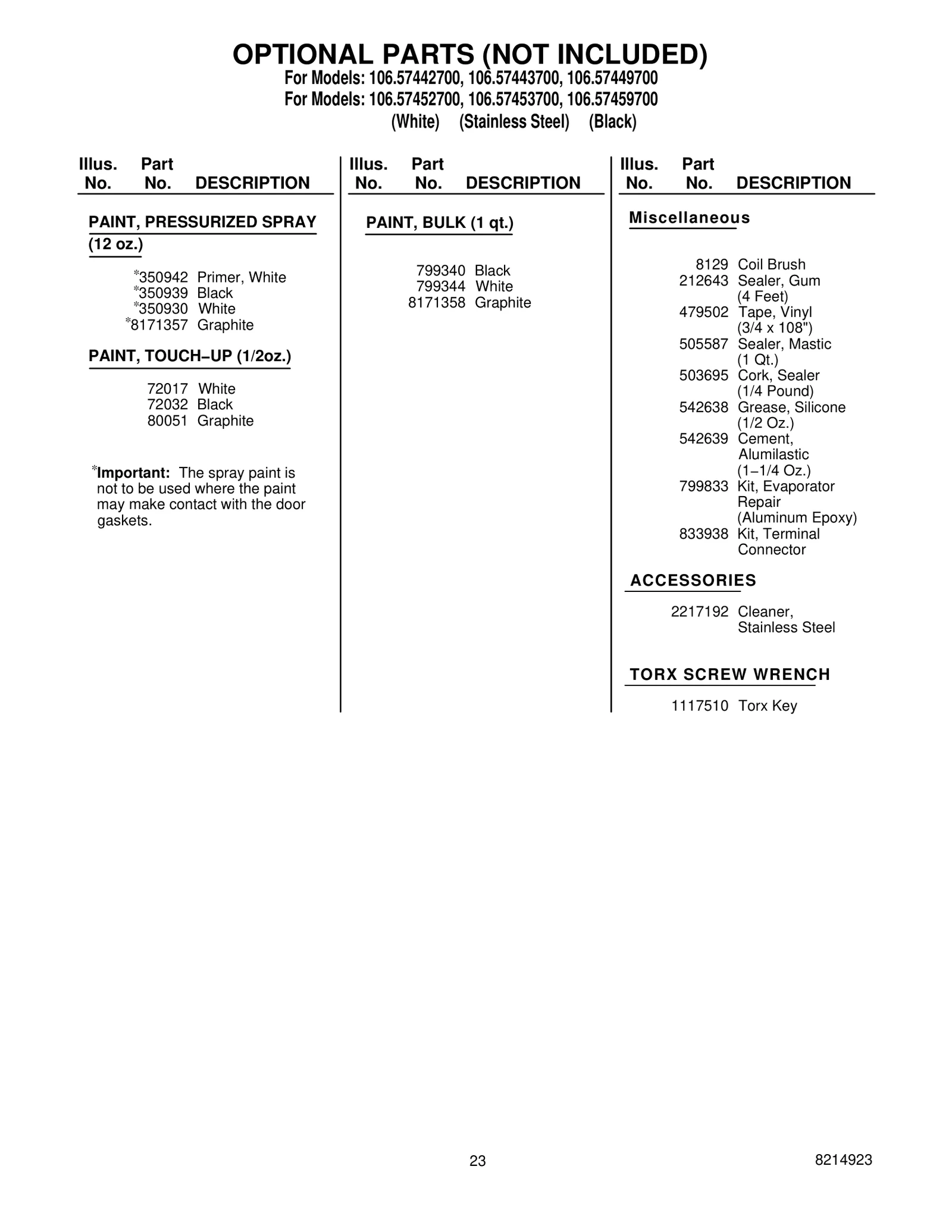 OPTIONAL PARTS (NOT INCLUDED)