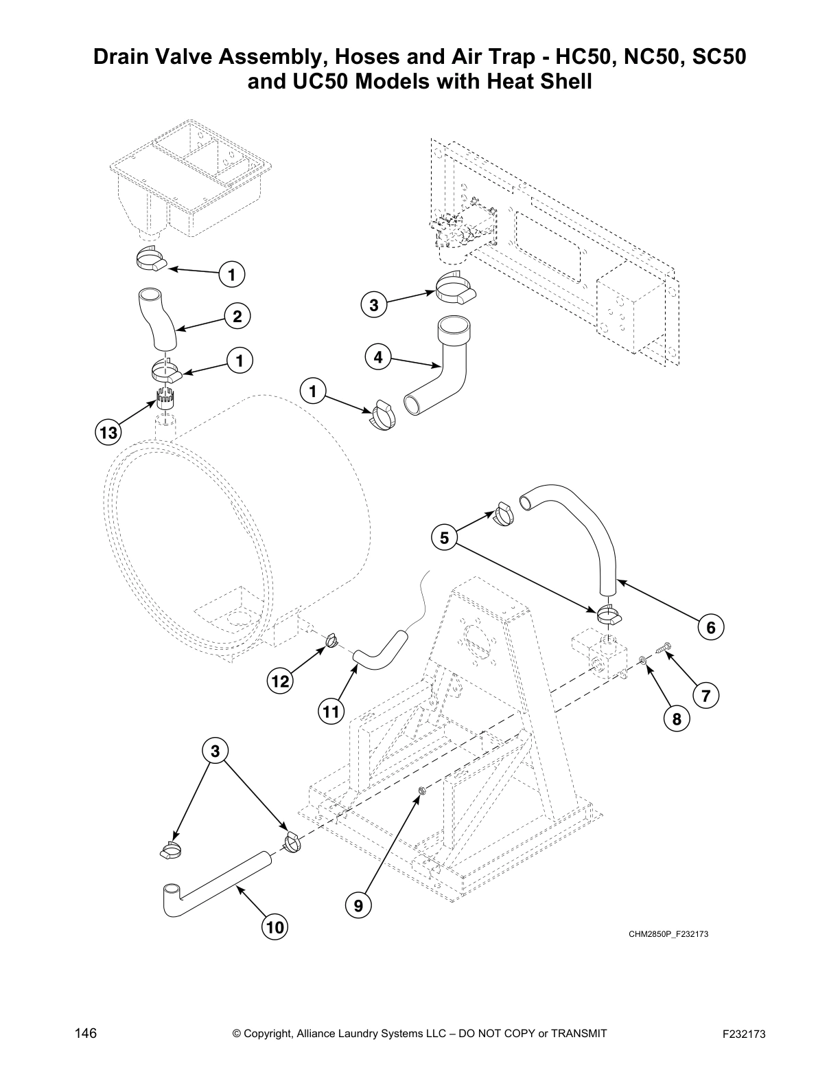 Drain Valve Assembly, Hoses and Air Trap - HC50, NC50, SC50
and UC50 Models with Heat Shell