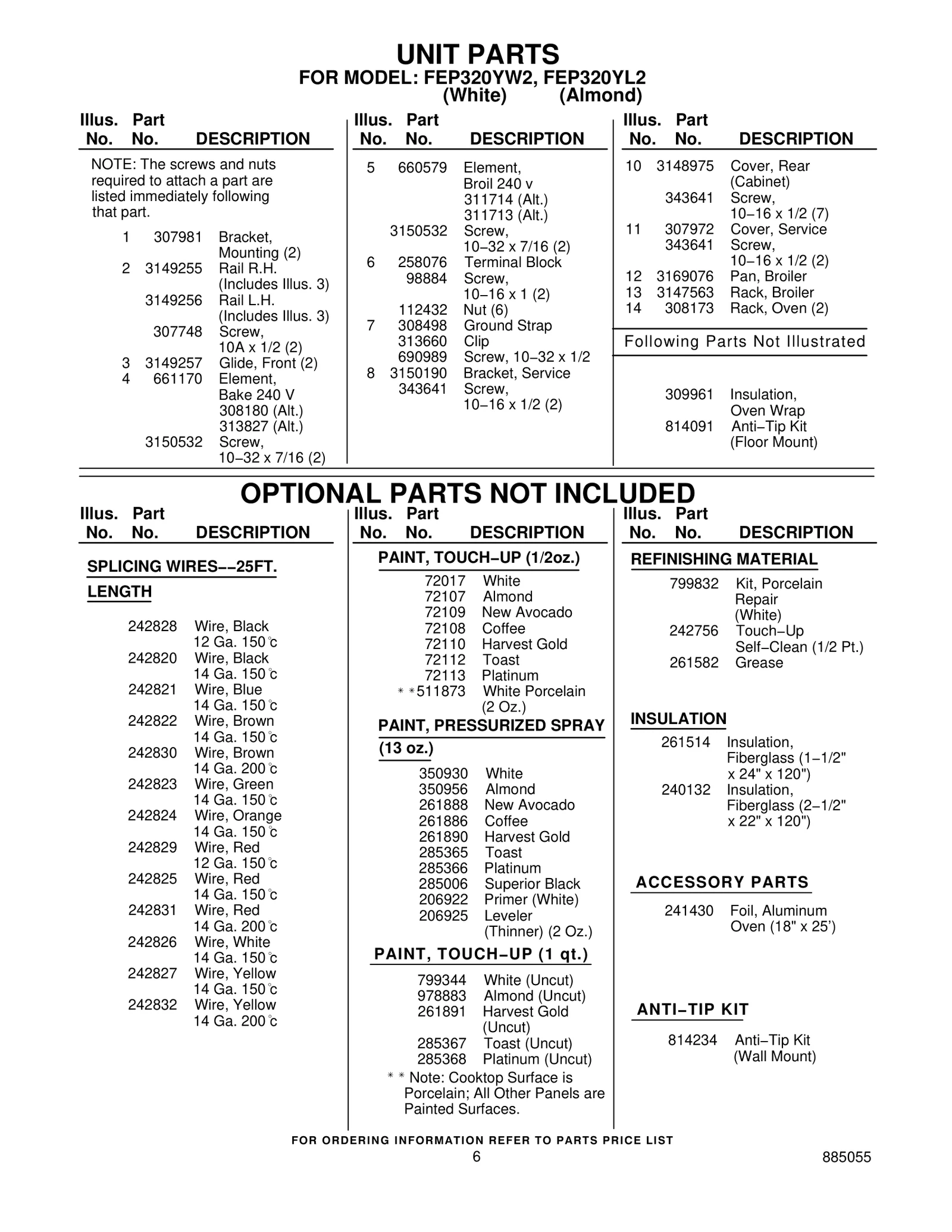 OPTIONAL PARTS NOT INCLUDED
