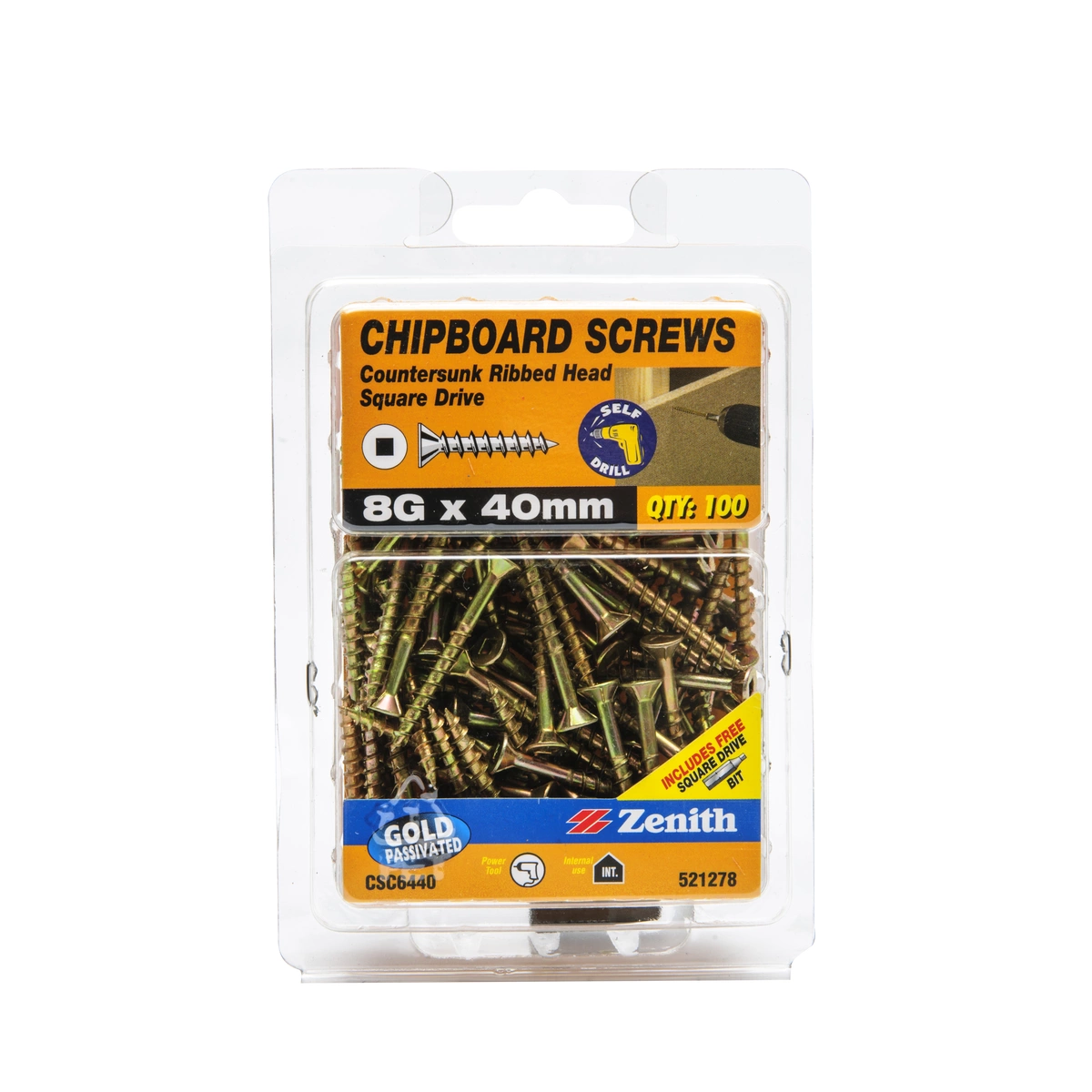 ZENITH® 8G x 40mm Gold Passivated, Square Drive, Chipboard Screws – Internal Use – 100 Pack