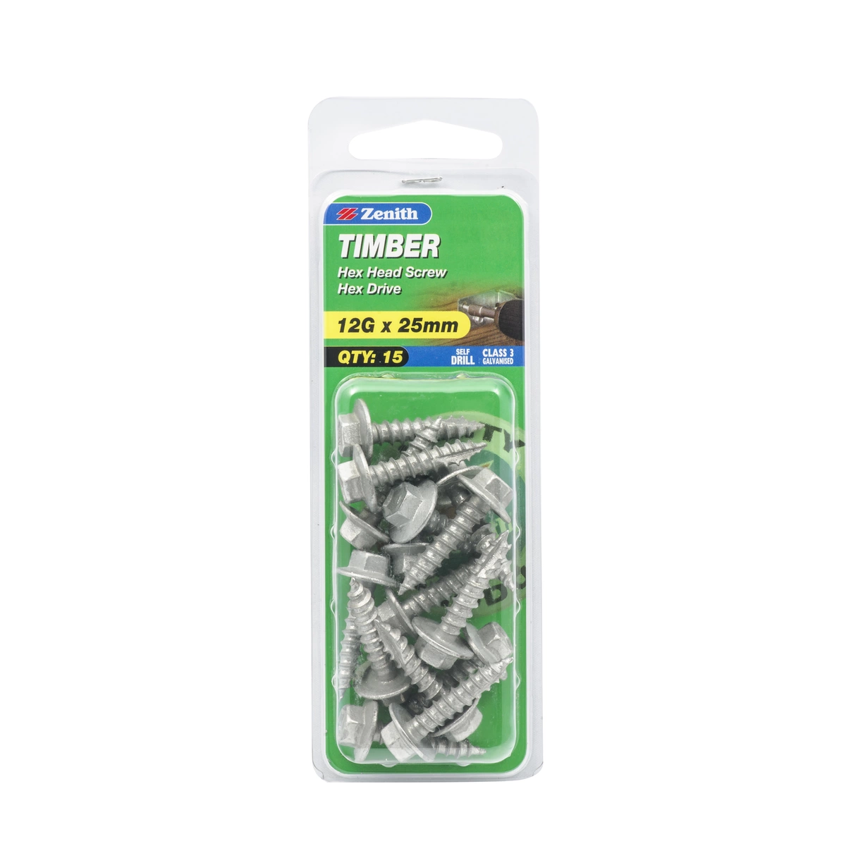ZENITH® 12G x 25mm Class 3 Galvanised, External Hex Drive, Timber Screws – External Use – 15 Pack